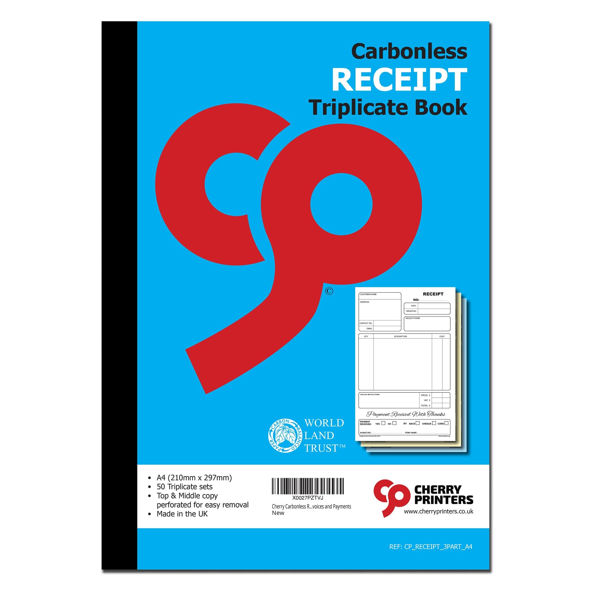 Cherry Printers | Carbonless | Receipt Book | Triplicate | A4 | 50 Sets | Perforated Top and Middle Copy | Made in The UK | Professional Business Receipt Pad for Invoices and Payments