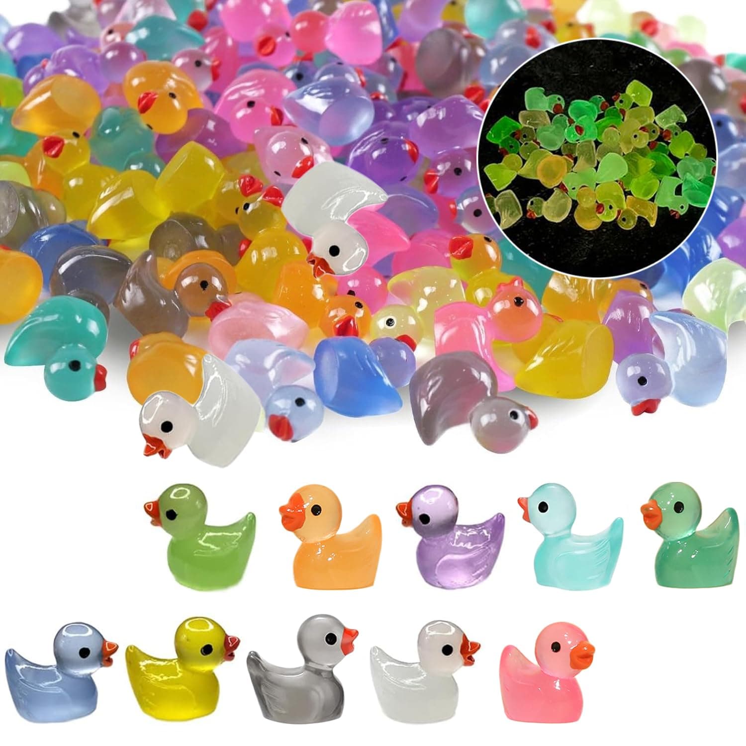 Mini Resin Ducks 100 Pack, Glow in The Dark Mini Ducks, Tiny Resin Ducks, Cute Little Ducks, Small Ducks for Dollhouse Decor Accessories Garden Micro Landscape Aquarium Potted Tiny Homes