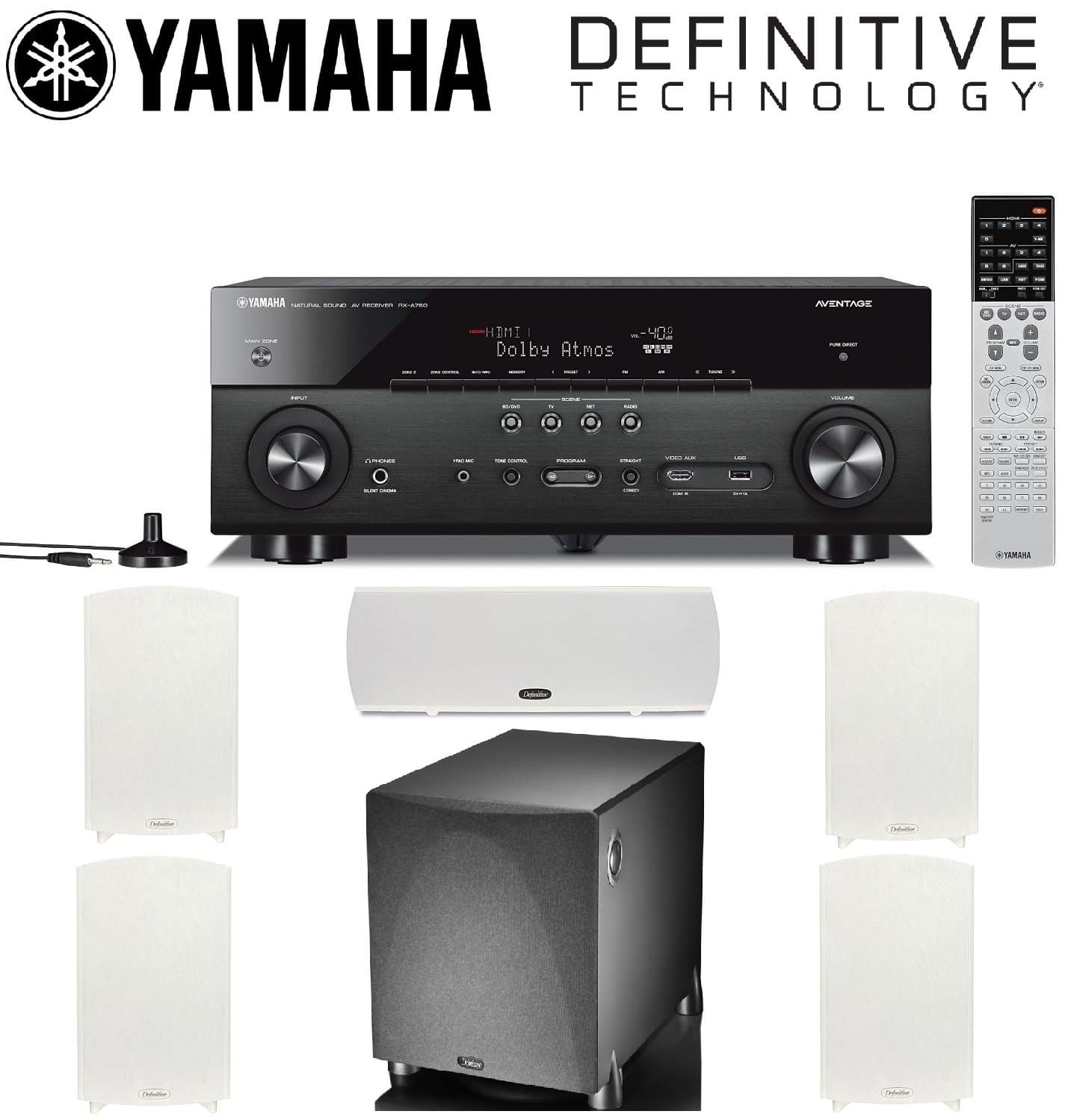 Yamaha RX-A760BL 7.2 Channel Network AV Receiver + 2 Pairs of Definitive ProMonitor 1000 Bookshelf + Definitive Technology ProCenter1000 Center Speaker + Definitive ProSub 1000 Speaker Bundle Leather Bound