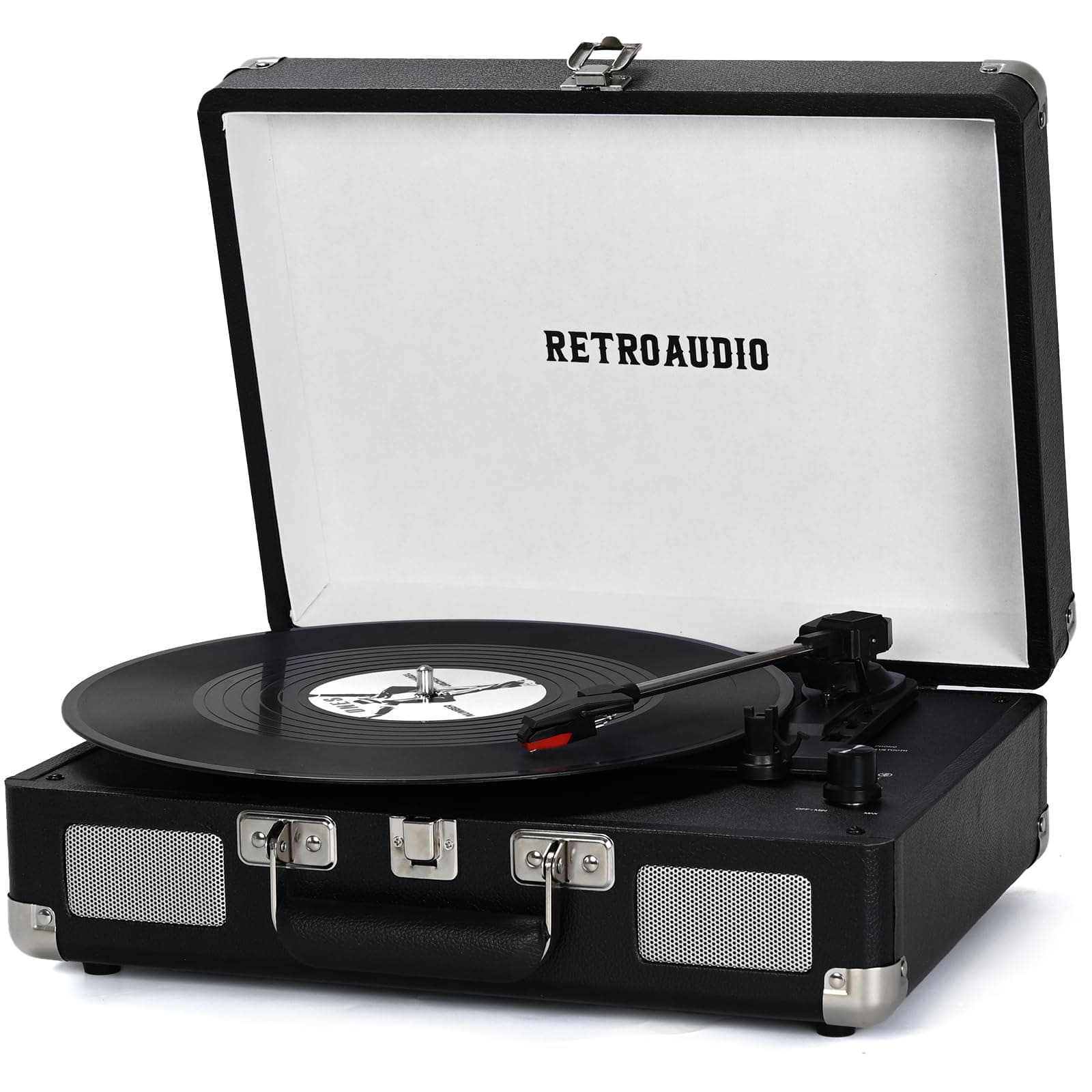 Vinyl Record Player 3-Speed Bluetooth Portable Suitcase Belt-Driven Record Player with 2 Built-in Stereo Speakers Vinyl Vintage Turntable Phonograph Records Player with RCA Line Out, AUX Out (Black)