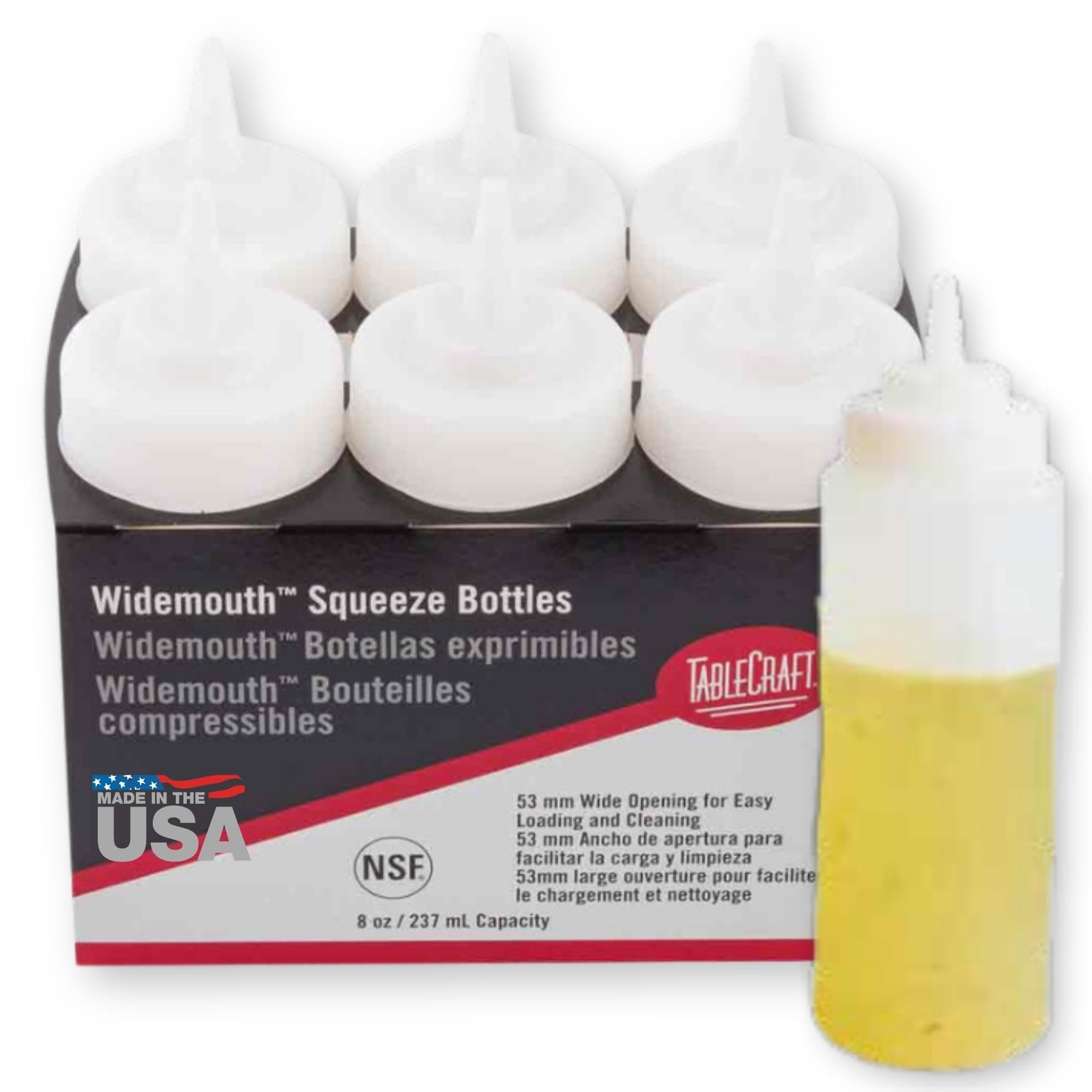 TableCraft C10853C Widemouth Squeeze Bottles, 8 Ounces, White, Polyethylene, Pack of 6, Large 63mm Opening for Easy Filling, Standard Cone Tip, Dishwasher Safe, NSF Approved, Made in USA