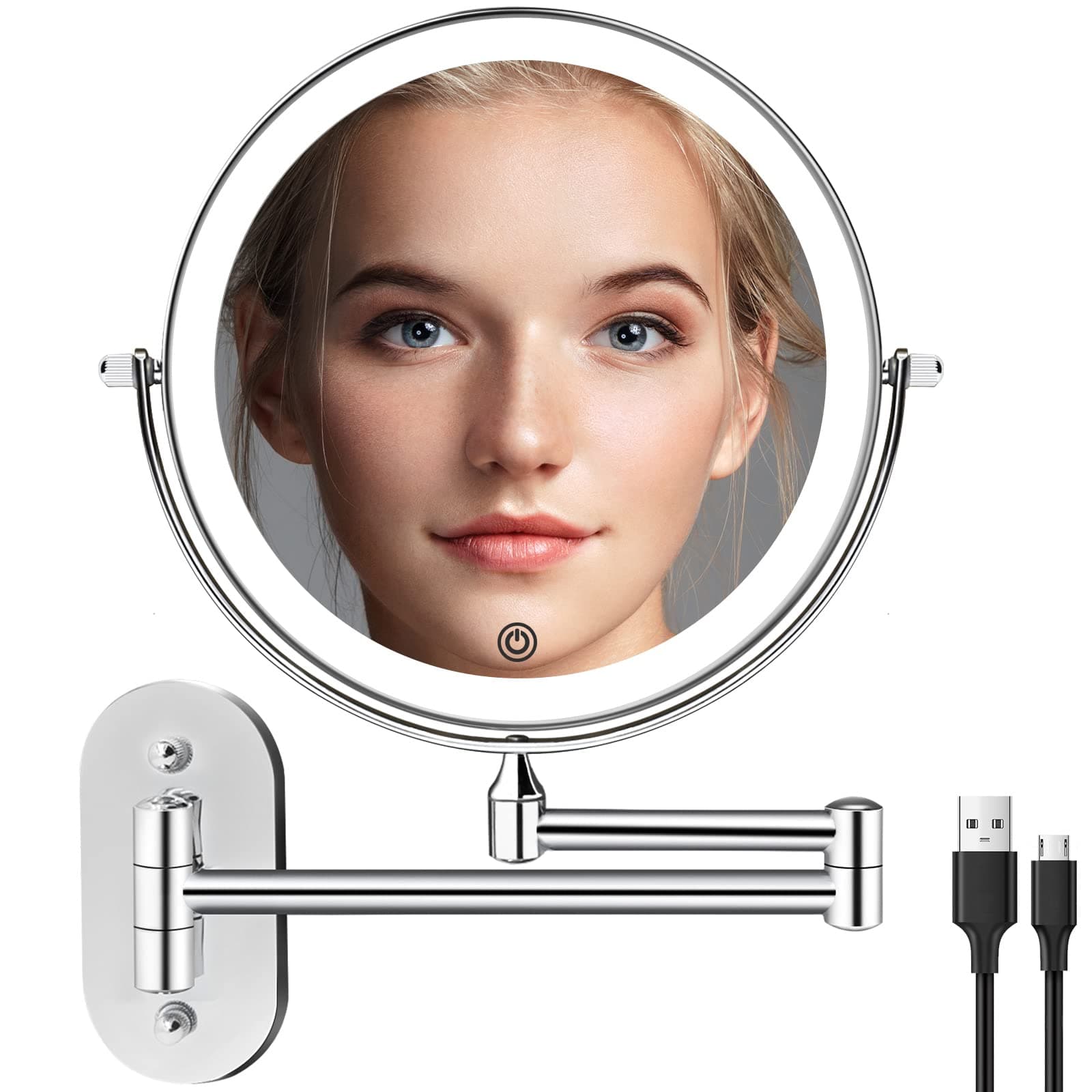Rechargeable Wall Mounted Lighted Makeup Vanity Mirror 8 inch 1X/10X Magnifying Bathroom Mirror with 3 Color Lights, Double Sided with Dimmable LED Lights, Extended Arm 360¬∞ Swivel Extension Mirror