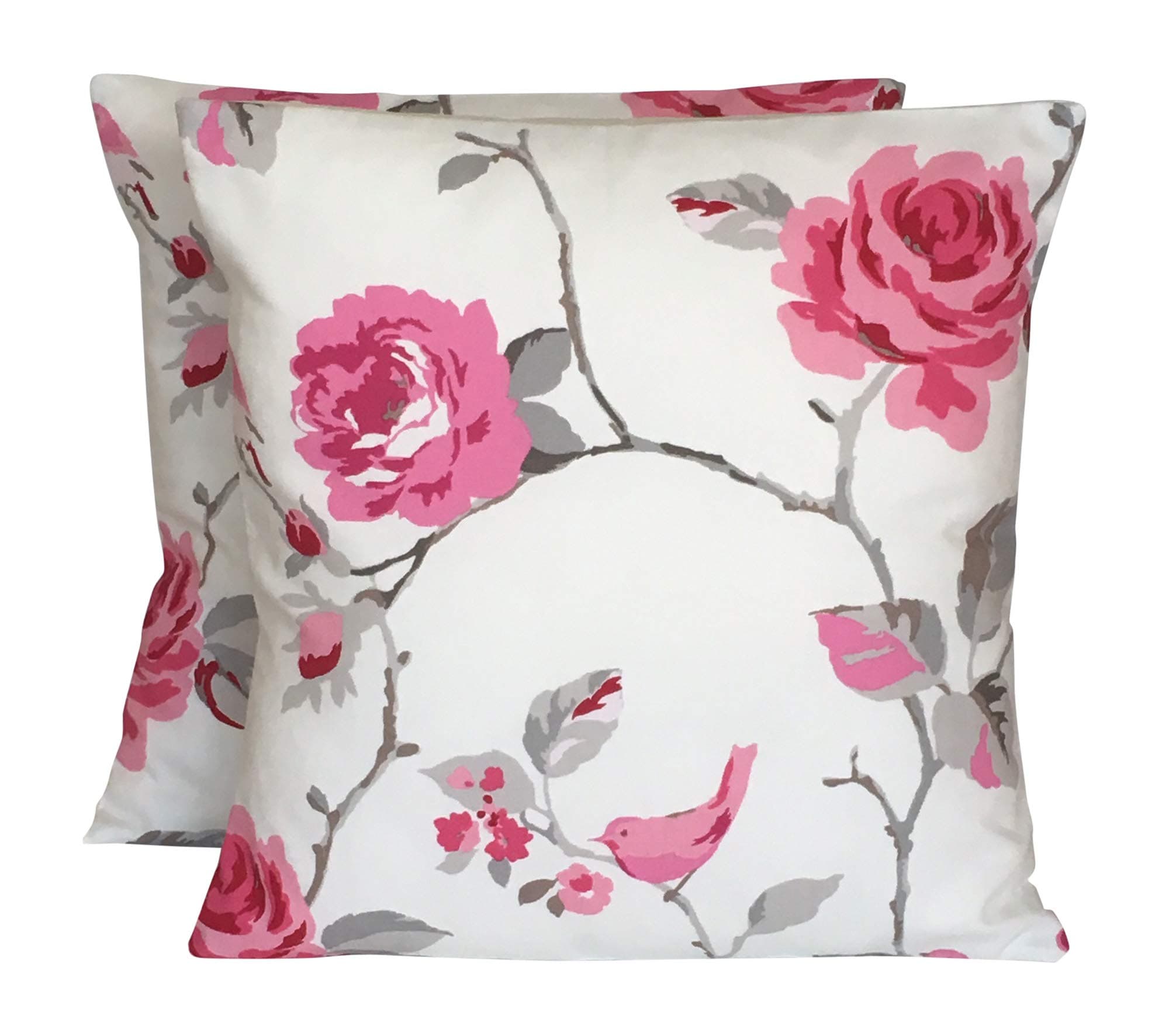 CUSHIONS2U 2 x 18 (45cm x 45cm) Raspberry Pink Grey Floral Bird Cushion Covers