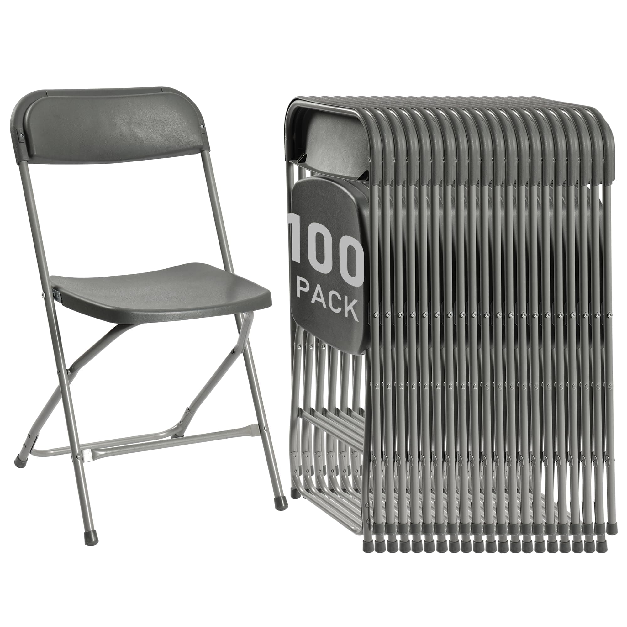 100 Pack Plastic Folding Chairs, Portable Party Chairs, Stackable Commercial Seats with Steel Frame for Home Office Wedding Party Indoor Outdoor Events Chairs, 350lbs Capacity,Gray
