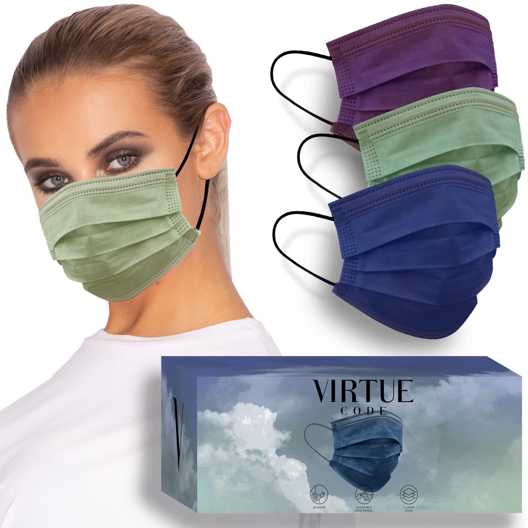 Support Face Masks - Soft 3 Ply Comfort Colorful Disposable Face Mask 50 Pack. Blue Purple Green Colored Masks. Adults Mens and Womens Disposable