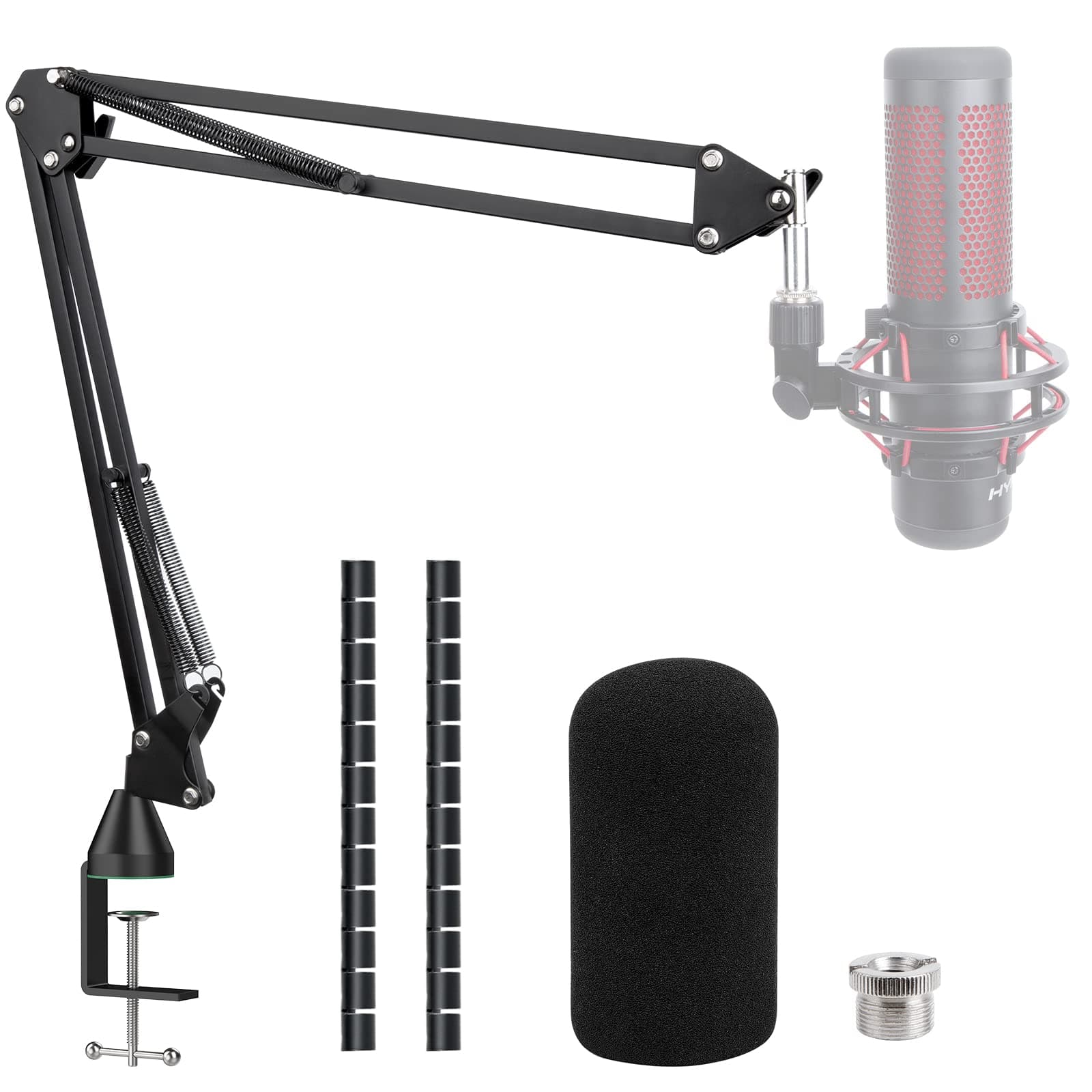 HyperX QuadCast Boom Arm，Adjustable Suspension Microphone Boom Arm for HyperX QuadCast, QuadCast S Boom Arm – Upgrade C Clamp, 2 Cable Ties, Pop Filter Cover Compatible with HyperX Microphone