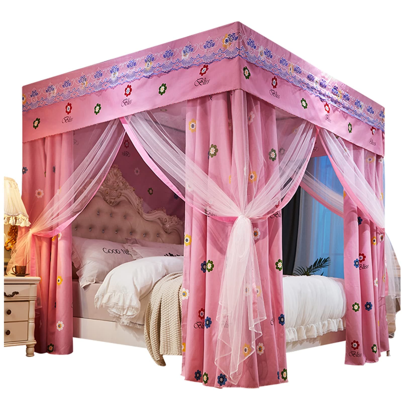 Bed Curtain Four Poster Bed Canopy Mosquito Net Double Layer Princess Blackout Curtains Canopy with Frame 18 - Hole Mesh Design Exquisite Bedroom Decoration (pink,180 * 200 * 200)