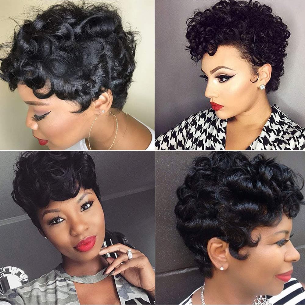 Short Pixie Cut Wigs for Black Women 100% Short Human Hair Wigs with Bang Short Black Wigs Brazilian Hair Short Wigs Water Curly Wave Wigs Short Curly Pixie Wigs for Black Women Human Hair