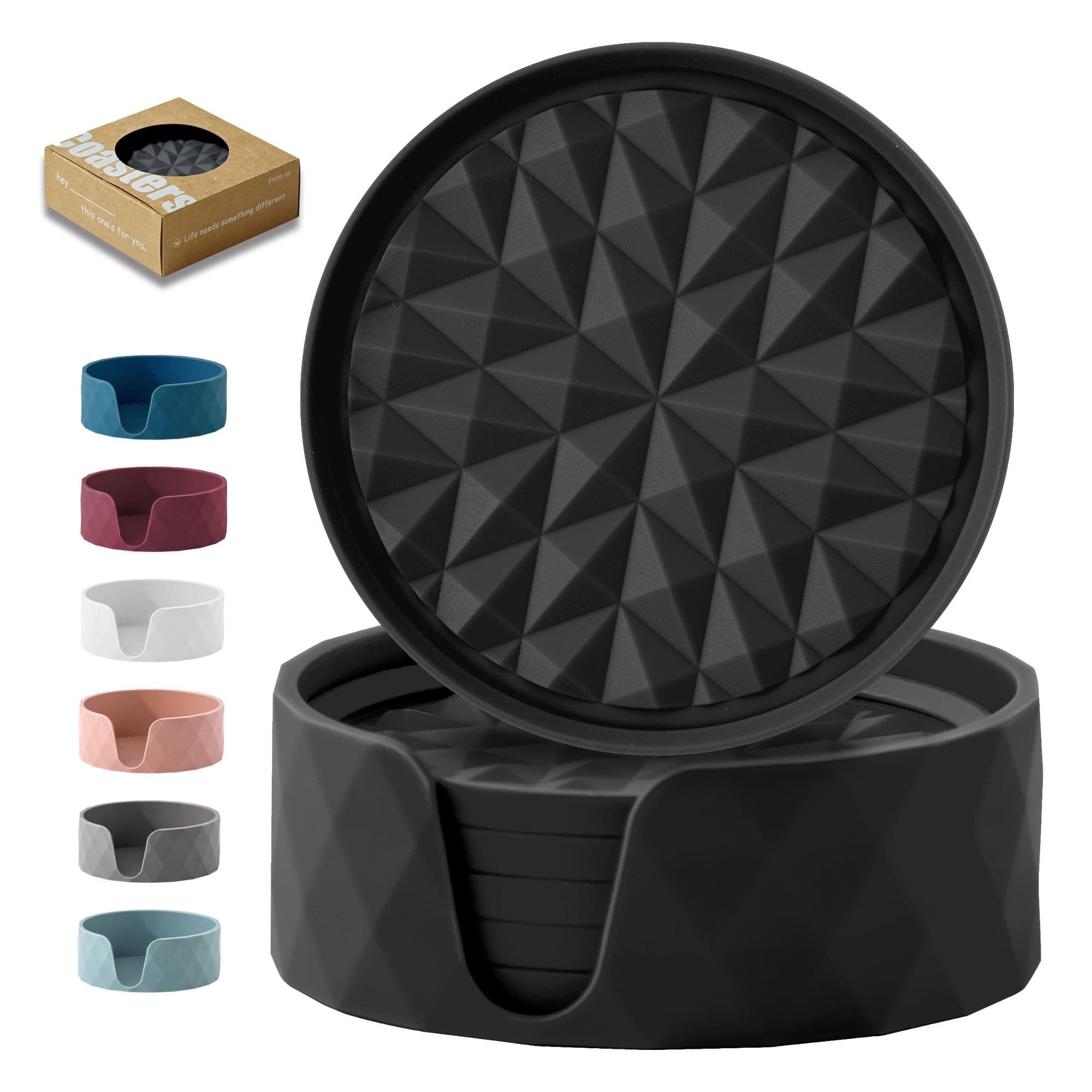 Silicone Coasters for Drinks[6 Pack]- Cup Mat with Holder for Tabletop Protection-Non-Slip, Non-Stick, Coffee Table Decor, Great Gift for Any Occasion, Black