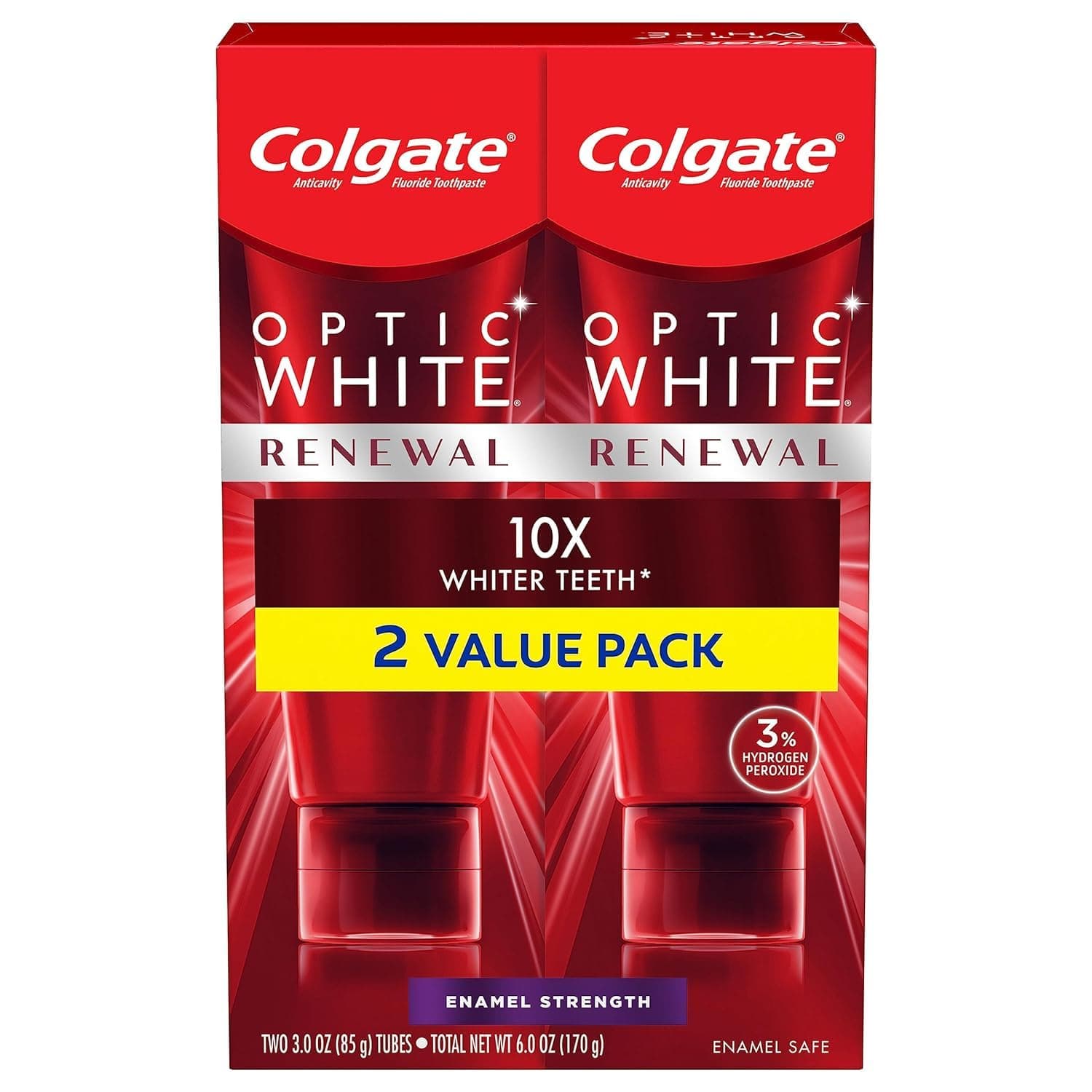 Colgate Optic White Renewal Teeth Whitening Toothpaste, Enamel Strength, 2 Pack, 3 Oz Tube