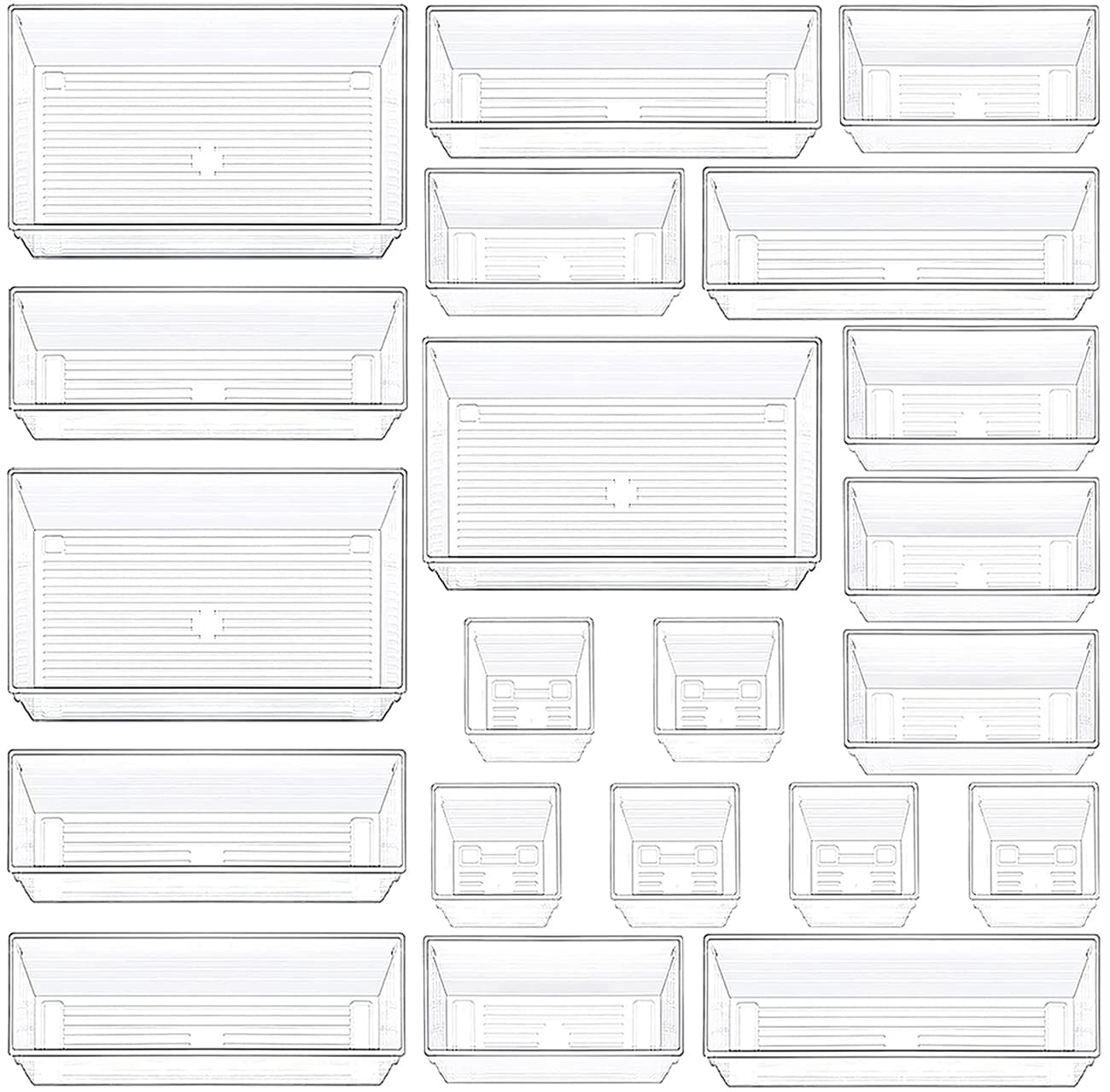 DCA 21 PCS Drawer Organisers Set, 4-Size Clear Plastic Drawer Organizer Bins Containers for Bathroom and Vanity Storage, Home Organization for Makeup, Kitchen Utensils