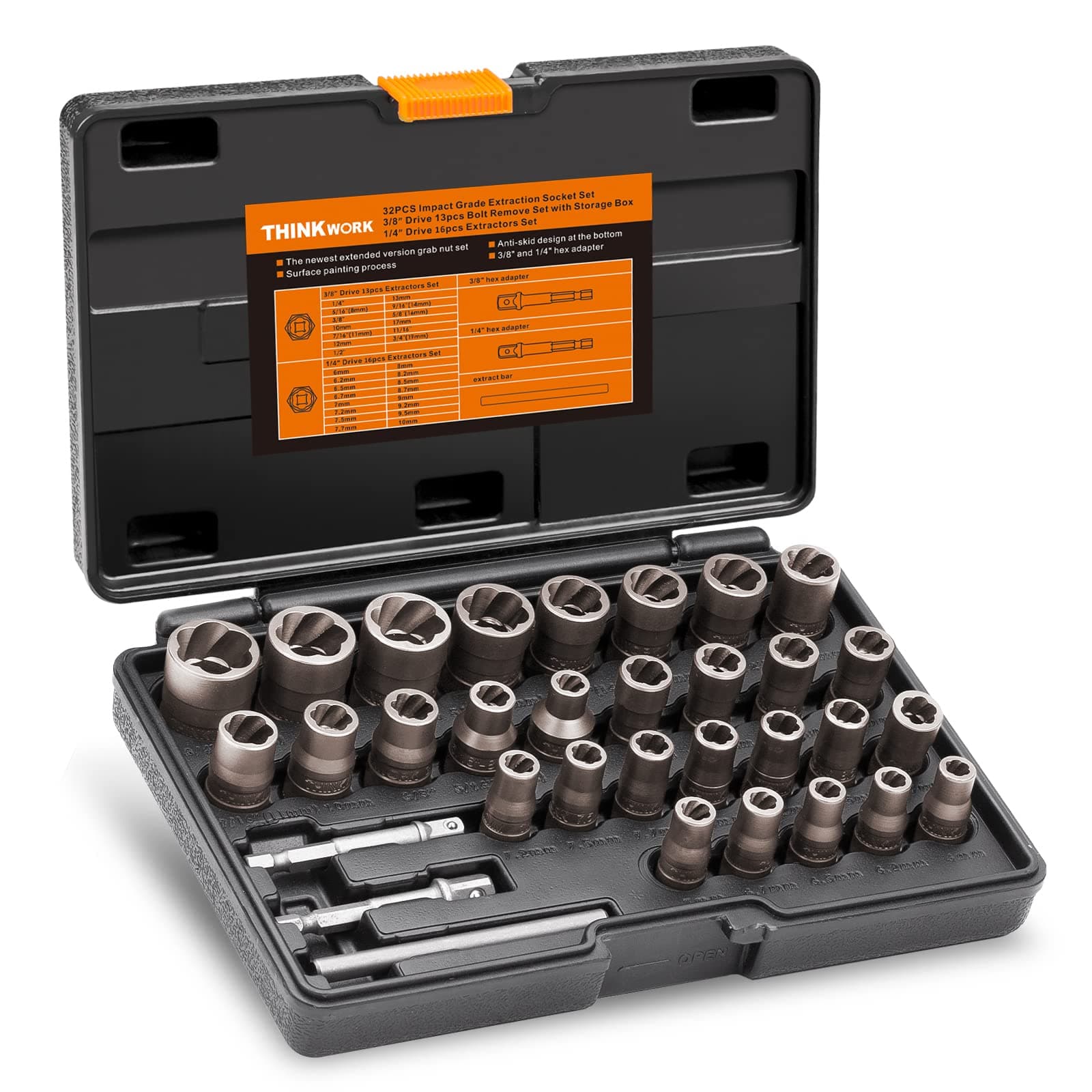 THINKWORK Bolt Extractor Kit, 32-Piece Nut Extractor Socket Set, 1/4" & 3/8" Drive Rounded Bolt Remover, Lug Nut Removal Tool for Damaged, Rusted, Rounded-Off, Stripped Fasteners
