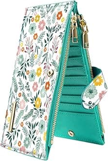 Womens RFID Blocking Large Capacity Wallet Multi Card Organizer Bifold Wallet for Women with Zipper Pocket，Green Daisy