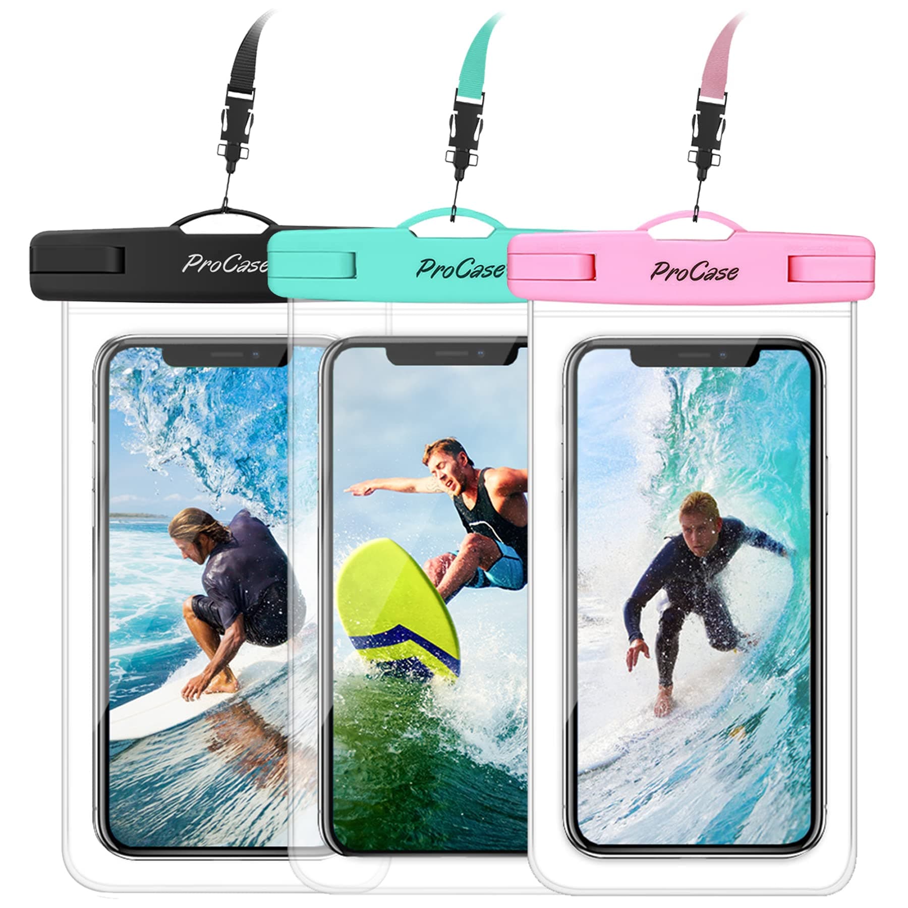- Procase Universal Waterproof Pouch Cellphone Dry Bag Underwater Case for iPhone 11 Pro Max/Xs Max/XR/X 8 7 6S Plus, Galaxy Note10+ S10 Plus S9 S8+, Pixel 4 3 2 XL up to 6.8" -3 Pack, Teal/Pink/Black