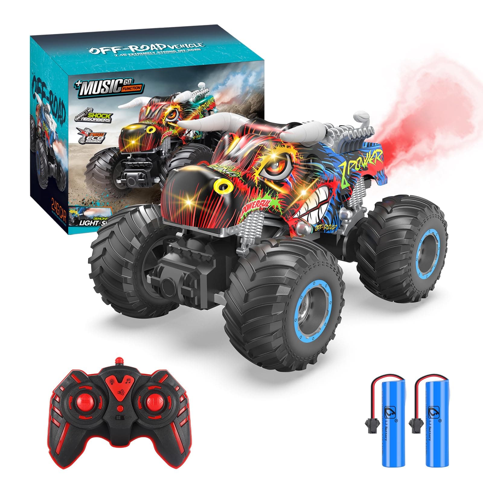 iBlivers Remote Control Monster Car, 1:16 All Terrain Remote Control Monster Truck, RC Monster Car Toy Truck with Spray Music LED Light, RC Monster Trucks for Boys 8+ age