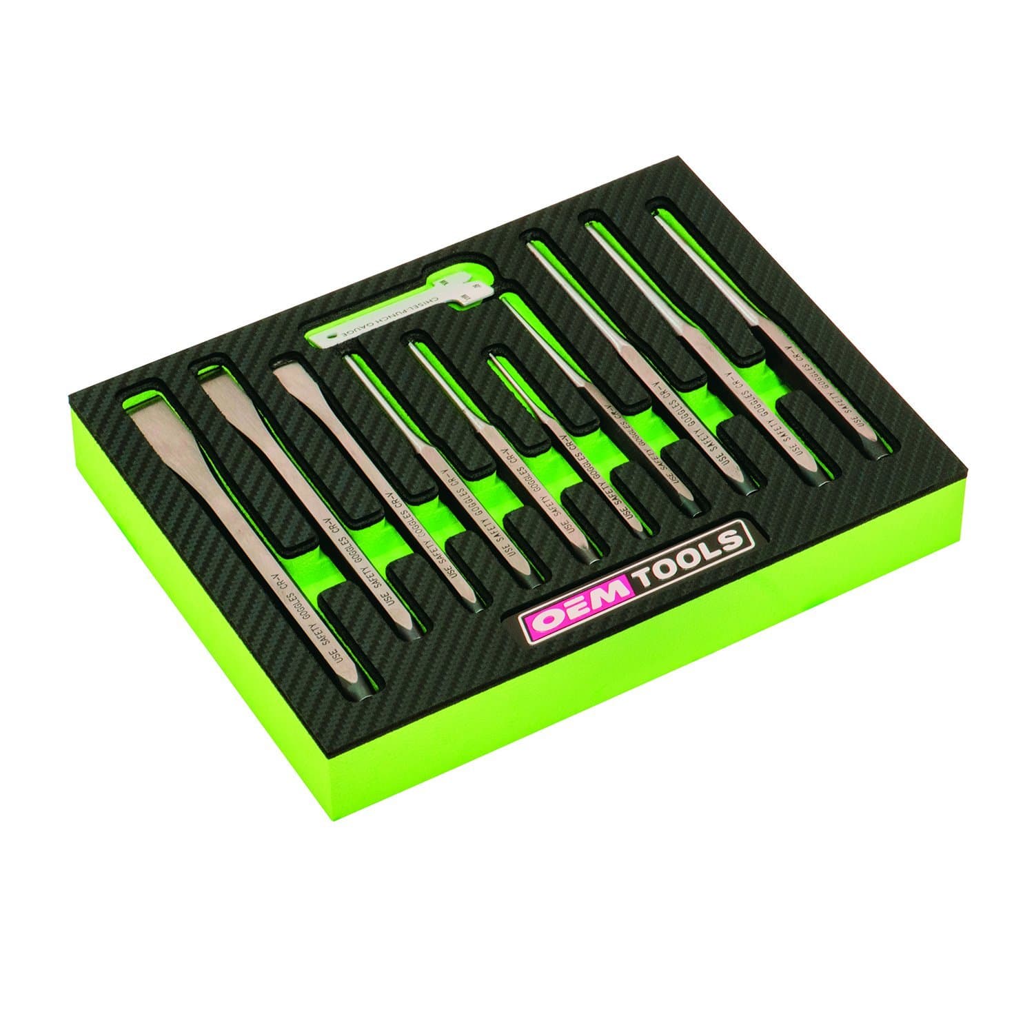 OEMTOOLS 23996 Punch and Chisel Set, 11 Piece, Cut, Shape, and Puncture Medium and Soft Metals, Heat-Treated Alloy Steel, Includes Green EVA Organizer Tray