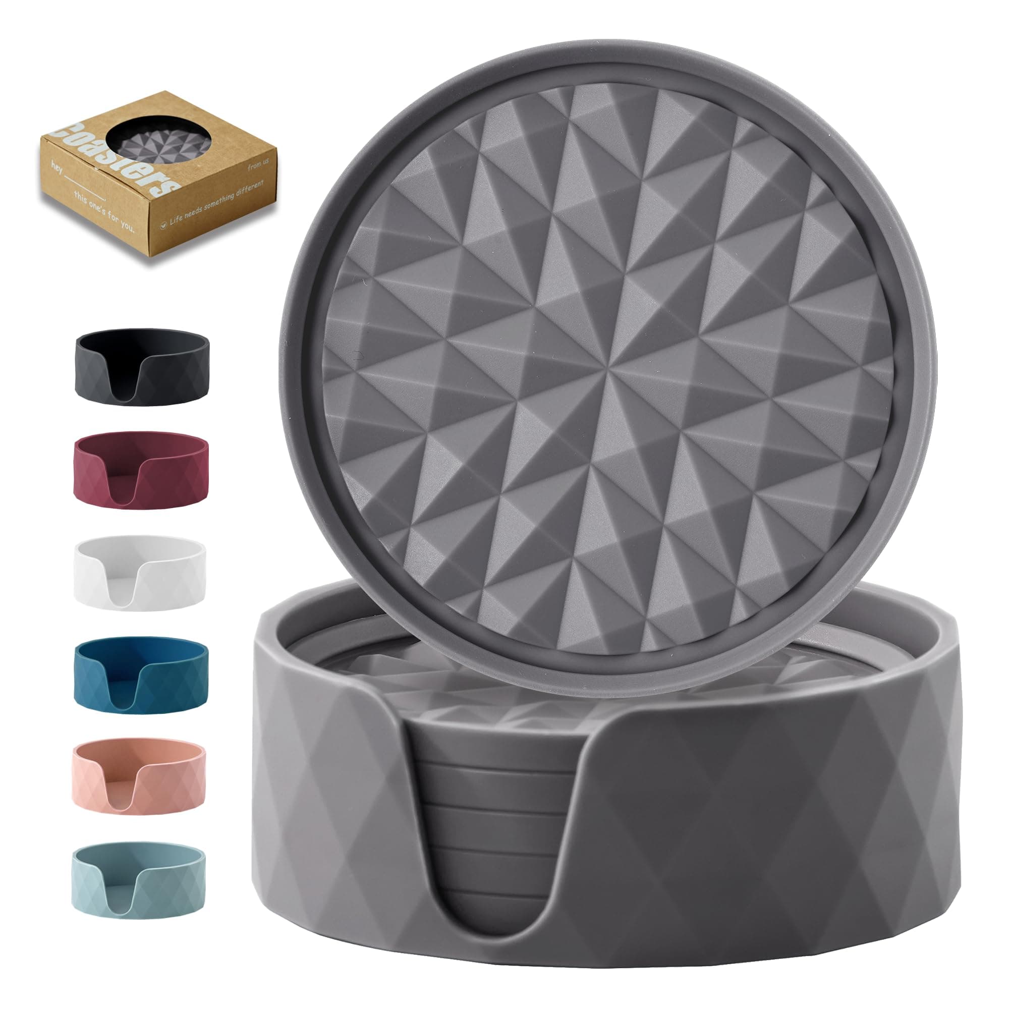 Silicone Coasters for Drinks[6 Pack]- Cup Mat with Holder for Tabletop Protection-Non-Slip, Non-Stick, Coffee Table Decor, Great Gift for Any Occasion, Dark Grey