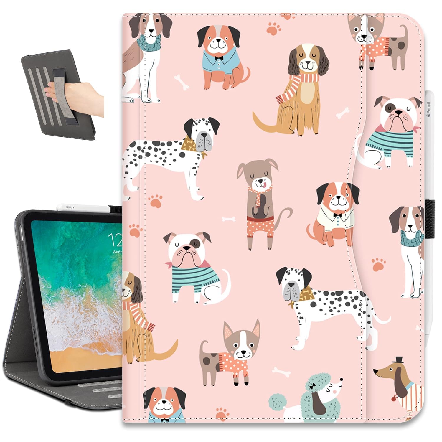 for iPad (A16) 11Th/10Th Generation Case 2025/2022, Cute Dog for iPad Case 11Th/10Th Generation, iPad 10Th/11Th Gen Cases Cover Pencil Holder/Hand Strap/Pocket/Adjustable Stand, Pink Dogs