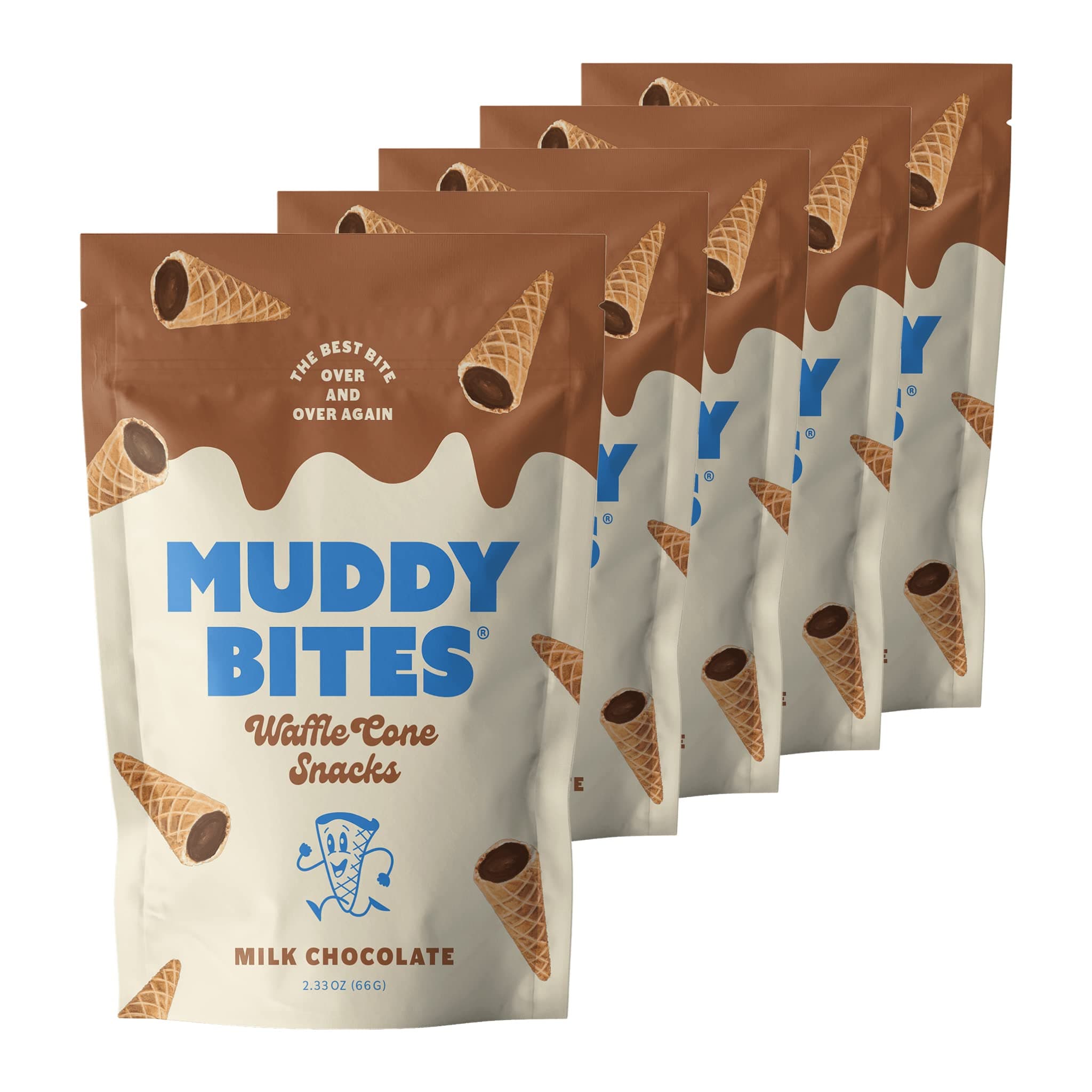 Muddy Bites Waffle Cone Snacks Bite Sized Chocolate Filled Waffle Cones for Snack or Dessert, Ice Cream Topping, made with Pure Cane Sugar, Kosher (2.33 oz (Pack of 5), Milk-Chocolate)