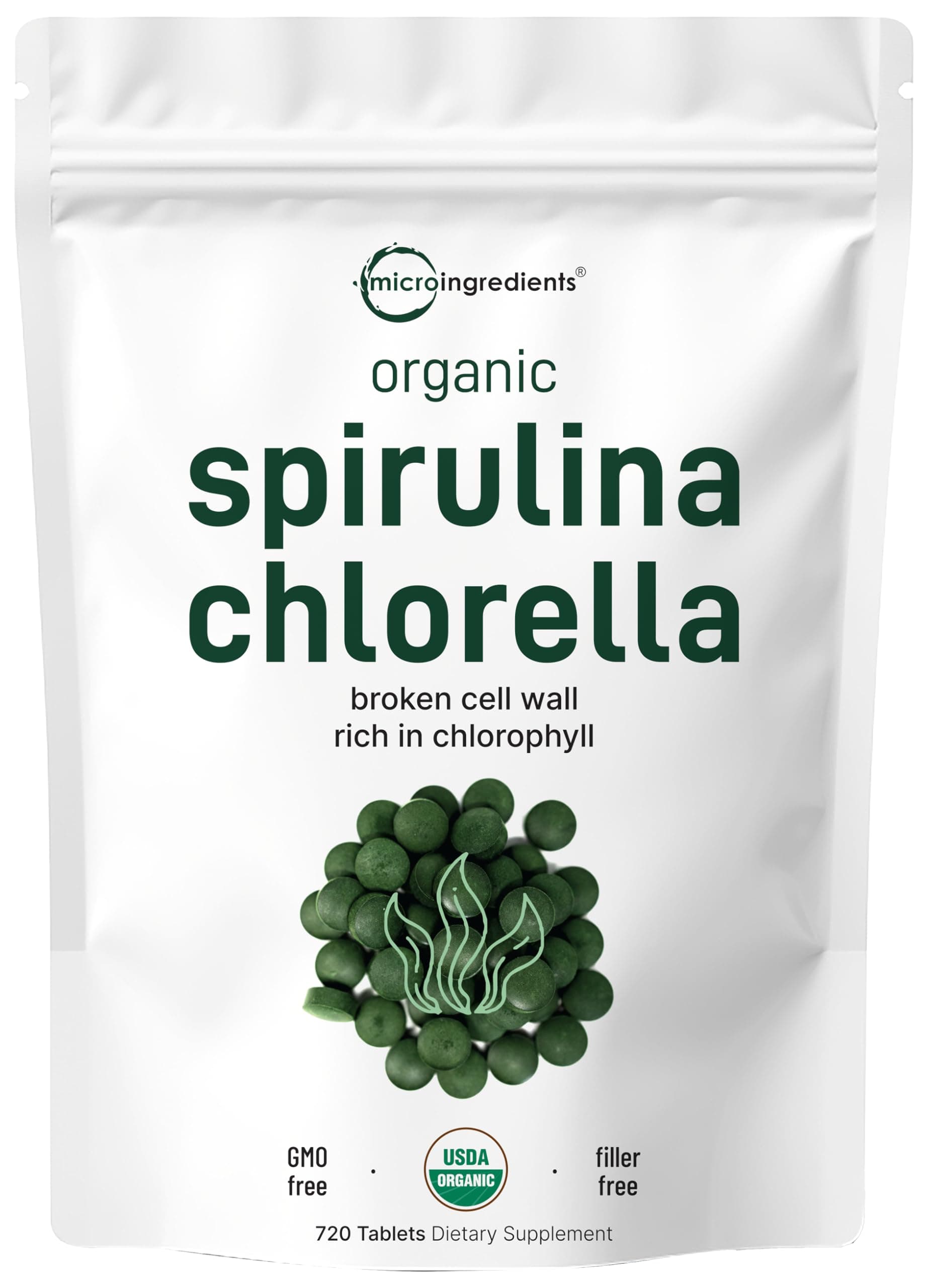 Micro Ingredients Organic Chlorella Spirulina Tablets, 3000mg Per Serving, 720 Counts