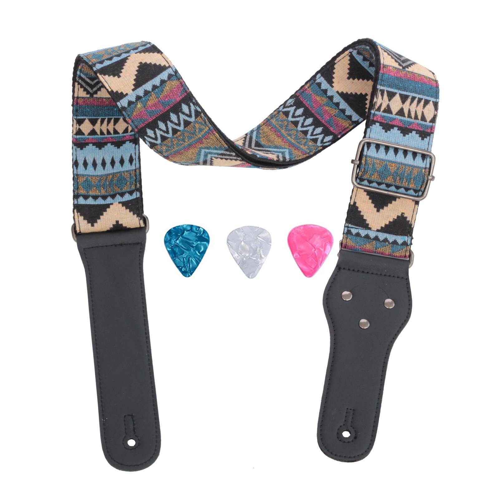 Rufun Guitar Strap Retro Adjustable Jacquard Weave Vintage Accessory for Basse Electric Acoustic Guitar, 3 Picks Included