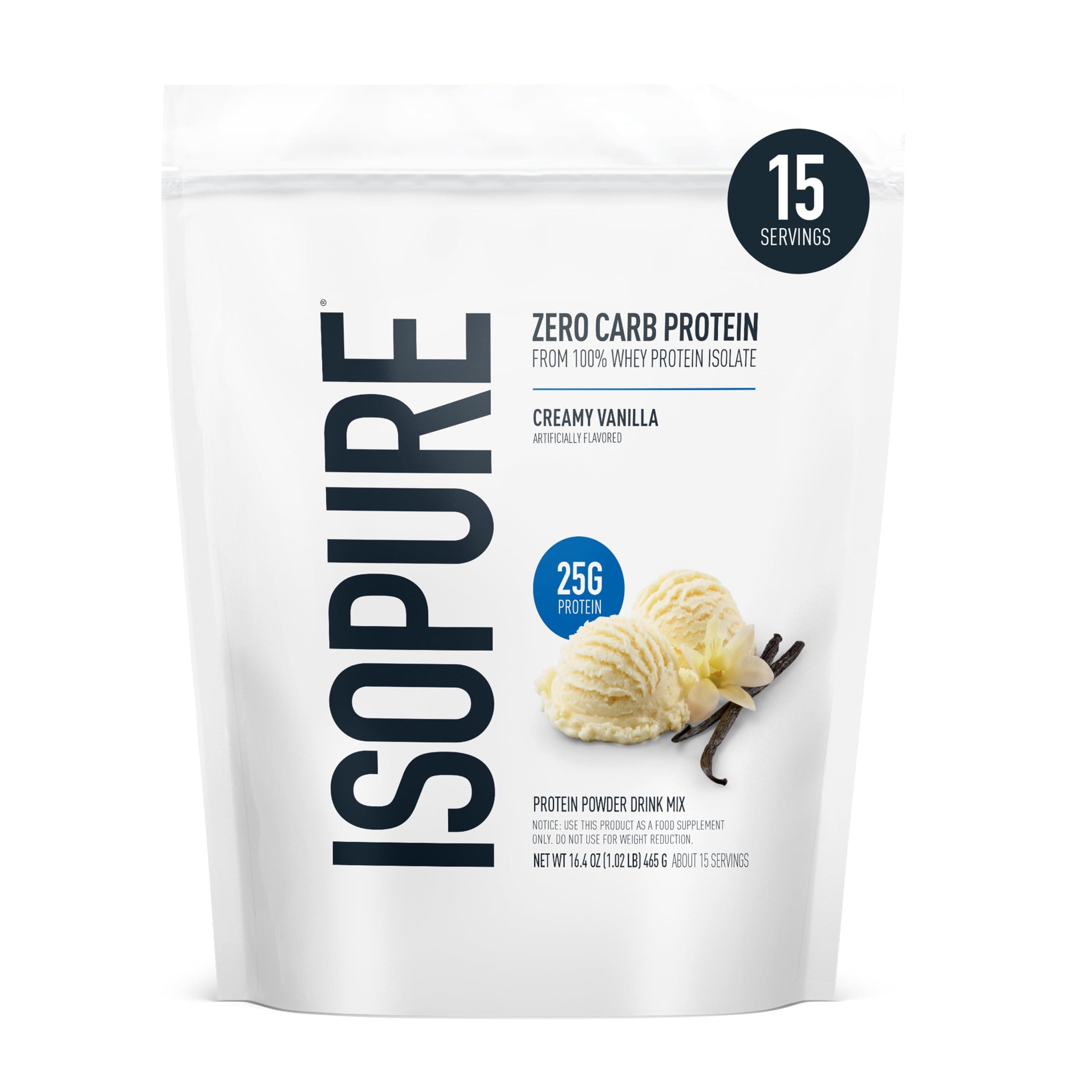 Isopure Zero Carb 100% Pure Whey Isolate Protein Powder, Lactose Free, Gluten Free, with Vitamins, Creamy Vanilla, 25g Protein Per Serving, 1 Lb, 15 Servings (Packaging May Vary)