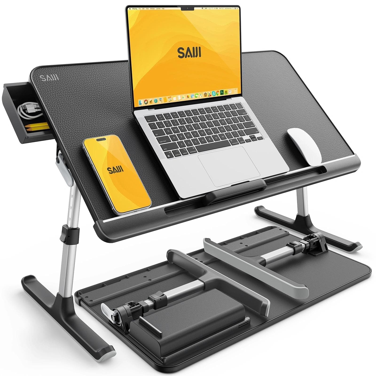 Laptop Table Stand, Adjustable PVC Leather Laptop Bed Table, Portable Standing Desk with Storage Drawer, Foldable Lap Tablet Desk for Sofa Couch Floor (Large,Black)