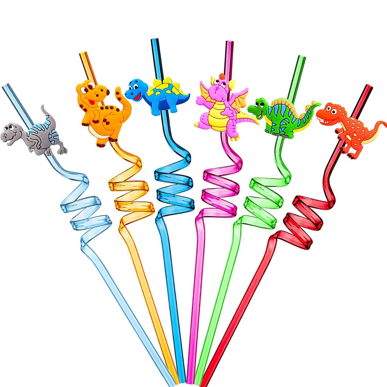 Ulife Mall Reusable Dinosaur Drinking Straws - 6pcs, Plastic, Dinosaur Pattern Movement, Kids Party Supplies - Pack of 6