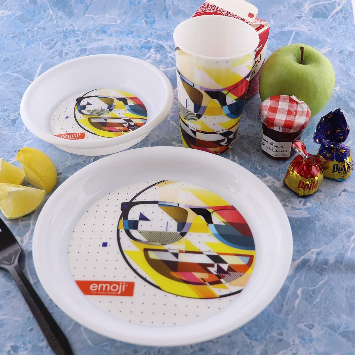 Emoji Plastic Dinnerware Plate Bowl Mug Set -3Pcs Breakfast
