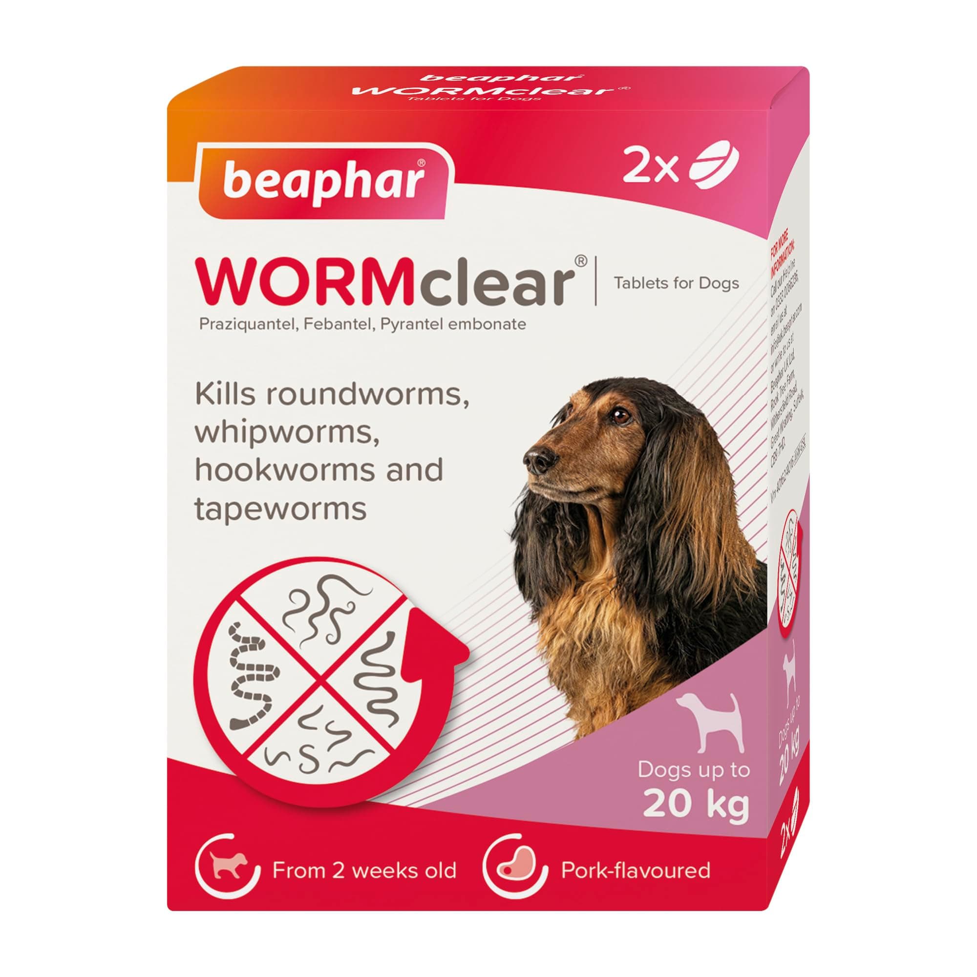Beaphar - WORMclear® Tablets for Dogs up to 20kg - 2 Tablets - Kills All Common UK Intestinal Worms (Roundworms & Tapeworms) - Vet Strength Wormer - Pork-Flavoured - For dogs over 2 weeks old & 3kg