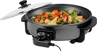 OVENTE Electric Skillet and Frying Pan, 12 Inch Round Cooker with Nonstick Coating, 1400W Power, Adjustable Temperature Control, Tempered Glass Lid with Vent and Cool Touch Handles, Black SK11112B