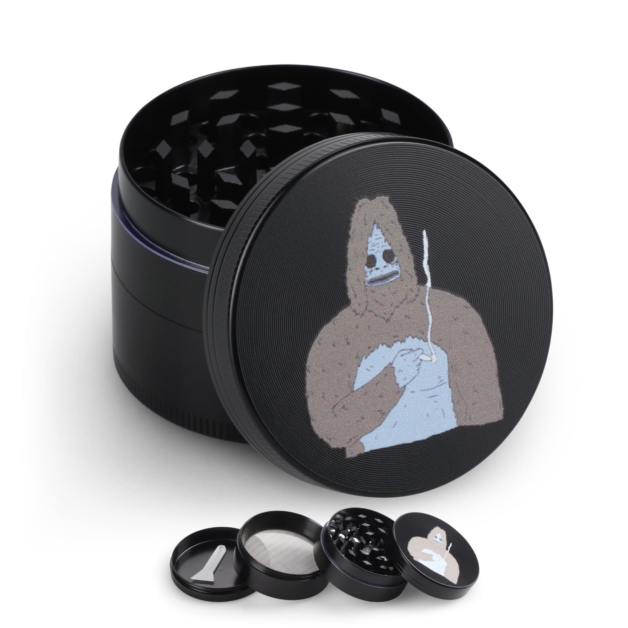 Compatible with The Big LEZ Show Custom Printed 4 Part Sassy The Sasquatch Metal Herb Grinder for Spices with Pollen Scraper and Micron Screen 50mm
