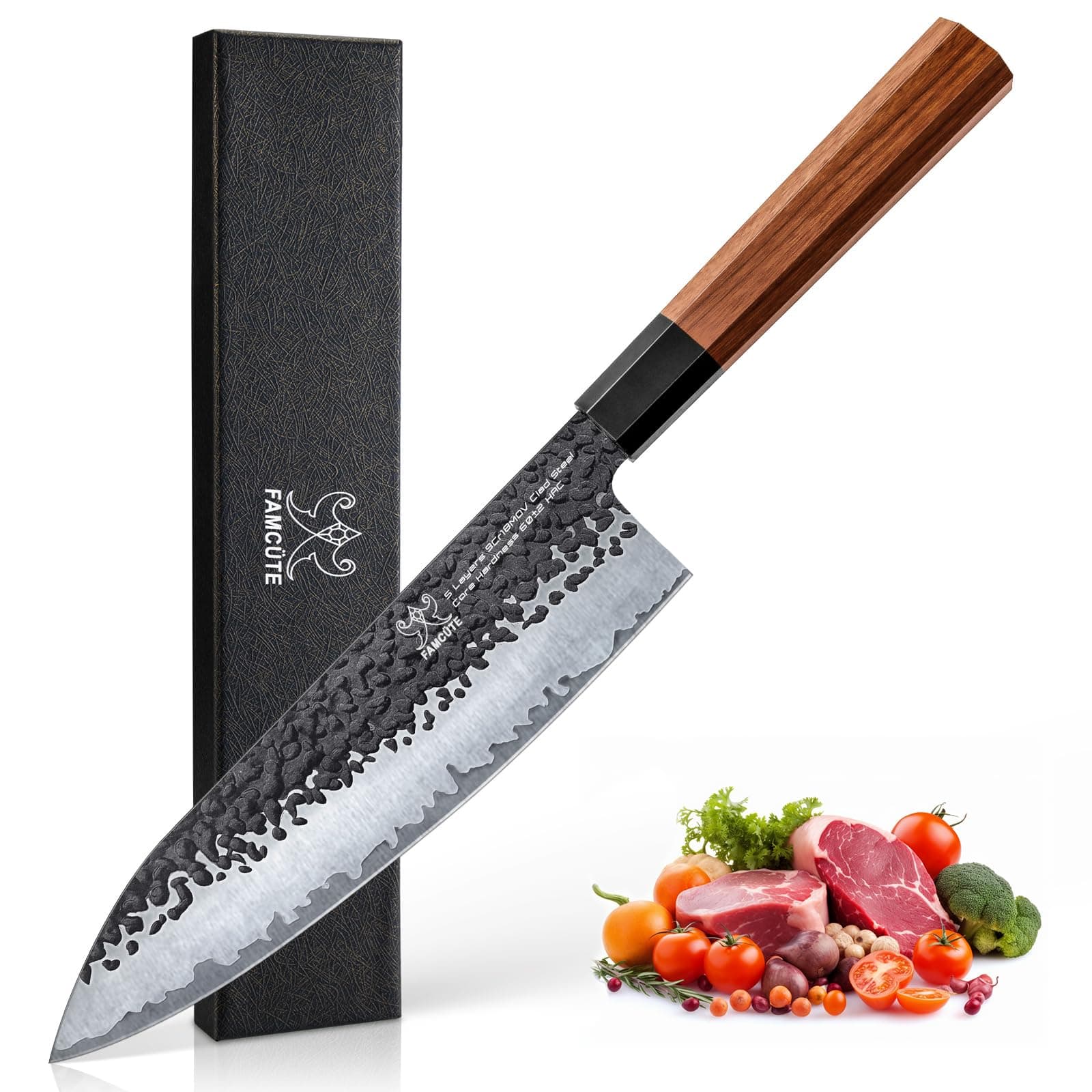 - FAMCÜTE 8 Inch Japanese Knife, Hand Forged 5 Layers High Carbon 9CR18MOV Steel Rosewood Handle Chef Knife, Ultra Sharp Durable Professional Kitchen Knife, A Thoughtful Mothers Day Gifts for Mom