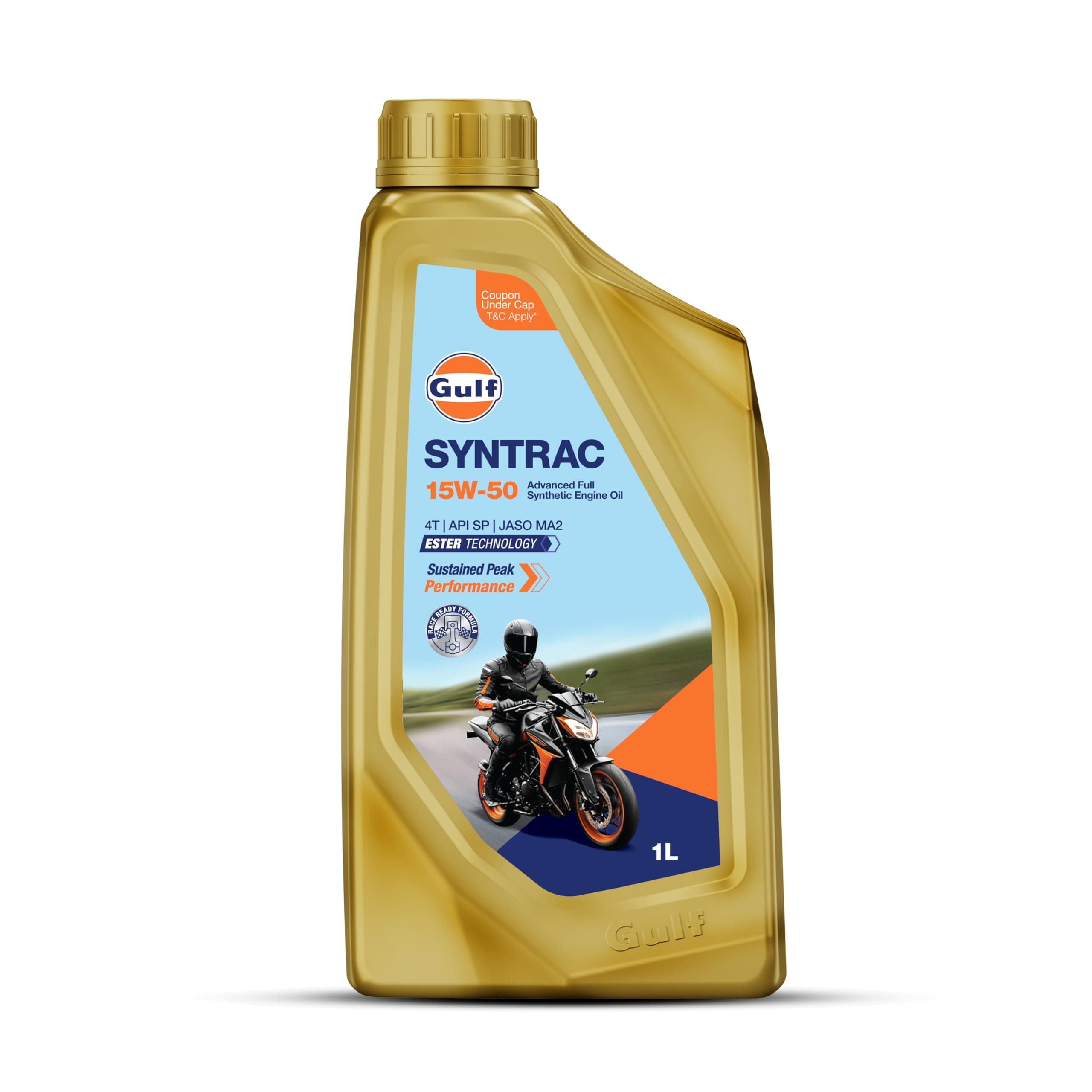 GULF SYNTRAC 15W-50 4T API SP, JASO MA2 | Ester Technology | 2 Wheeler Bike Advanced 100% Full-Synthetic Engine Oil [1 L] - Pack of 1