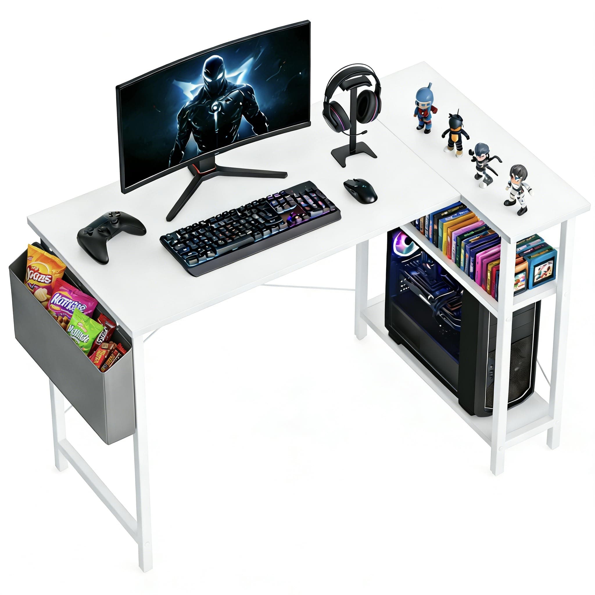 CubiCubi L Shaped Desk, 47" Computer Desk with Reversible Storage Shelves Home Office Corner Desk Study Writing Gaming Table, Pure White