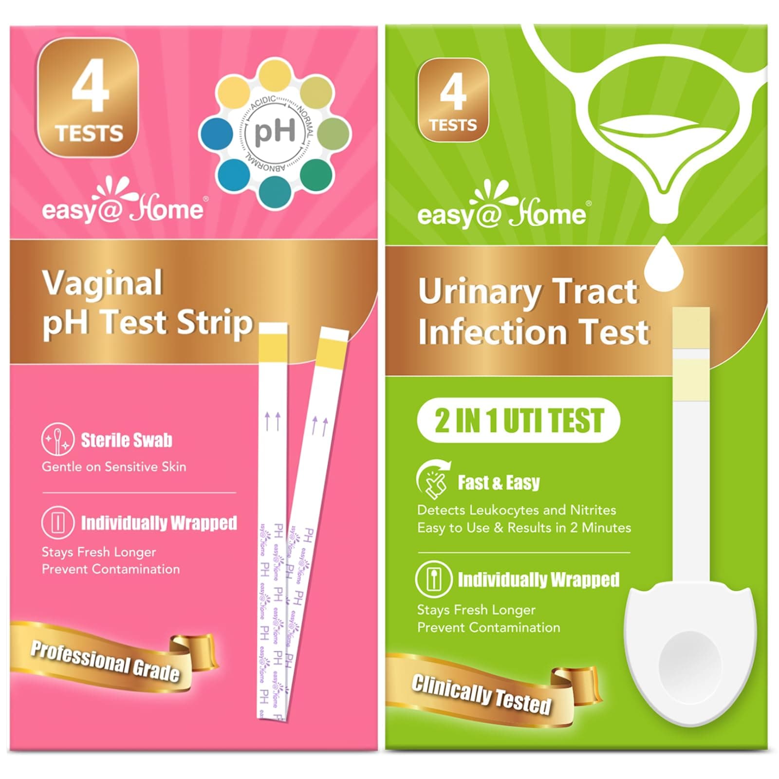 Easy@Home Vaginal pH Test Strips & UTI Test Kits (8 Pack): Yeast Infection, BV, UTI Tests for Women, Fast Accurate Results, 4 Urinary Tract Infection & 4 Feminine pH Health Tests