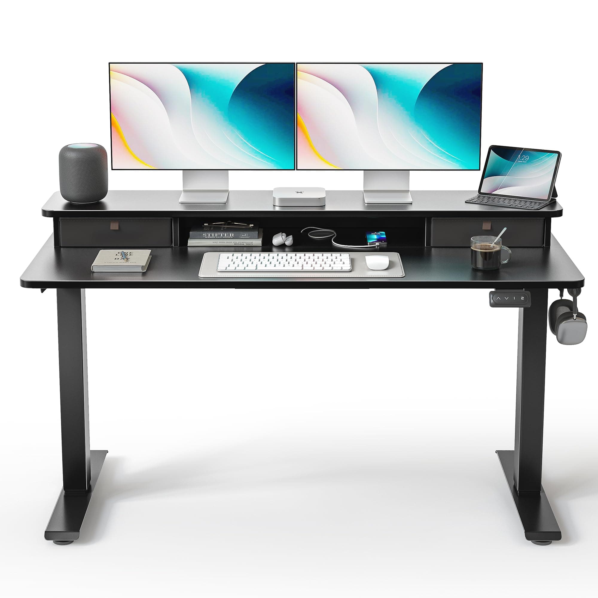 FEZIBO 55 x 24 Inch Height Adjustable Electric Standing Desk with Double Drawer, Stand up Home Office Computer Desk with 4 Height-Adjustable Feets & 2 Hooks, Black