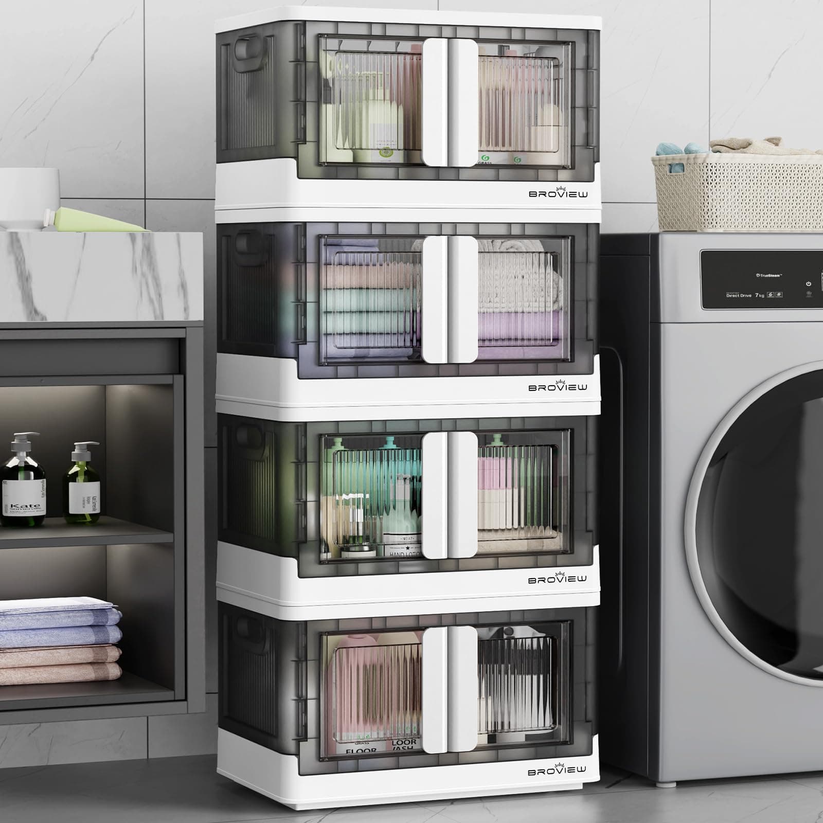 V6 Storage Bins with Lids, 136 QT Stackable Storage Bins with Wheels, Collapsible Storage Bins with Doors, Folding Storage Cabinets for Closet, Home Office Dorm Organizer Essential, White