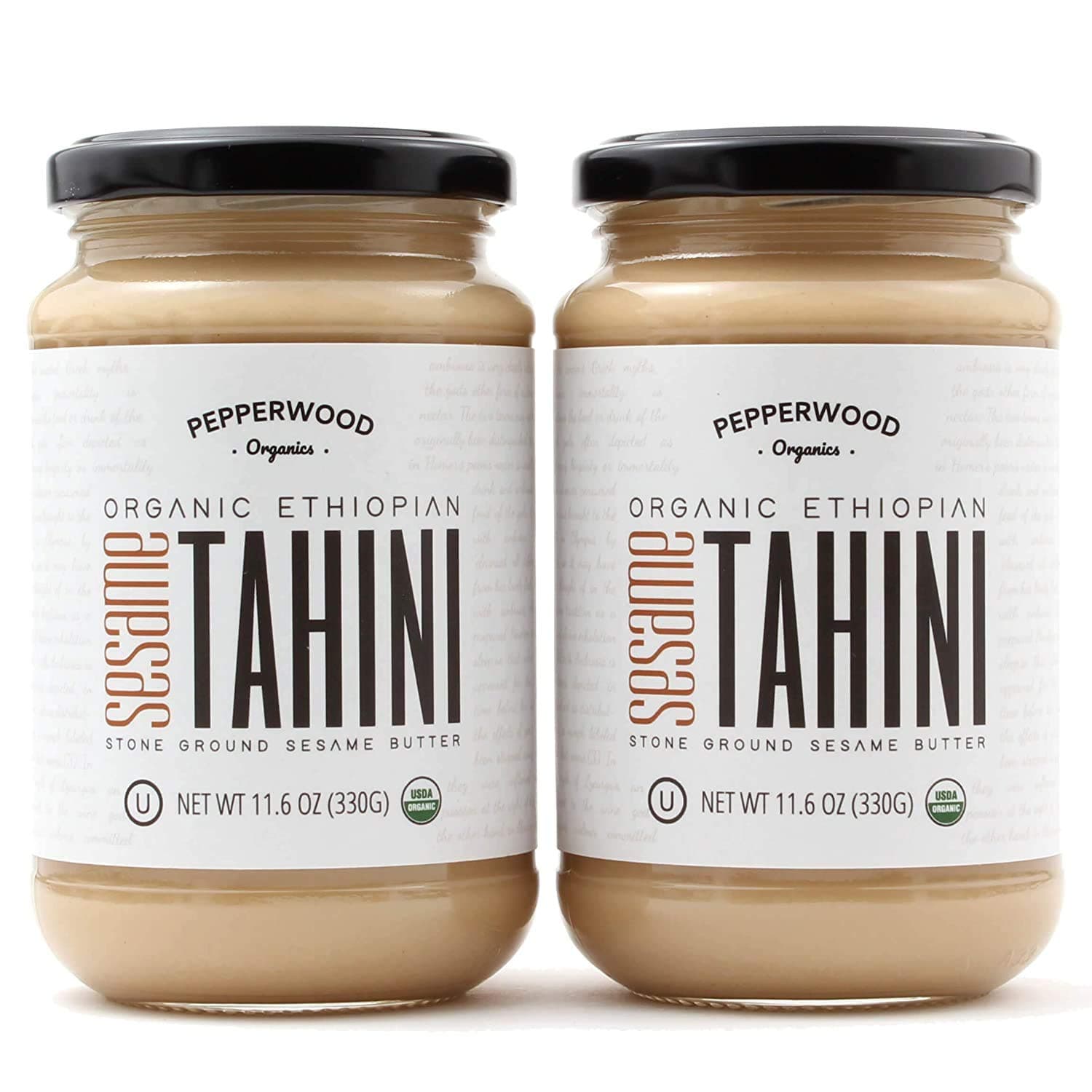 Organic Hulled Sesame Tahini Paste - Stone-Ground - Silky Smooth Texture in Hummus, Dips, Dressings - Unsalted, Nut-Free, Kosher, Paleo, Keto 330g Glass Jar (2-Pack) Pepperwood Organics