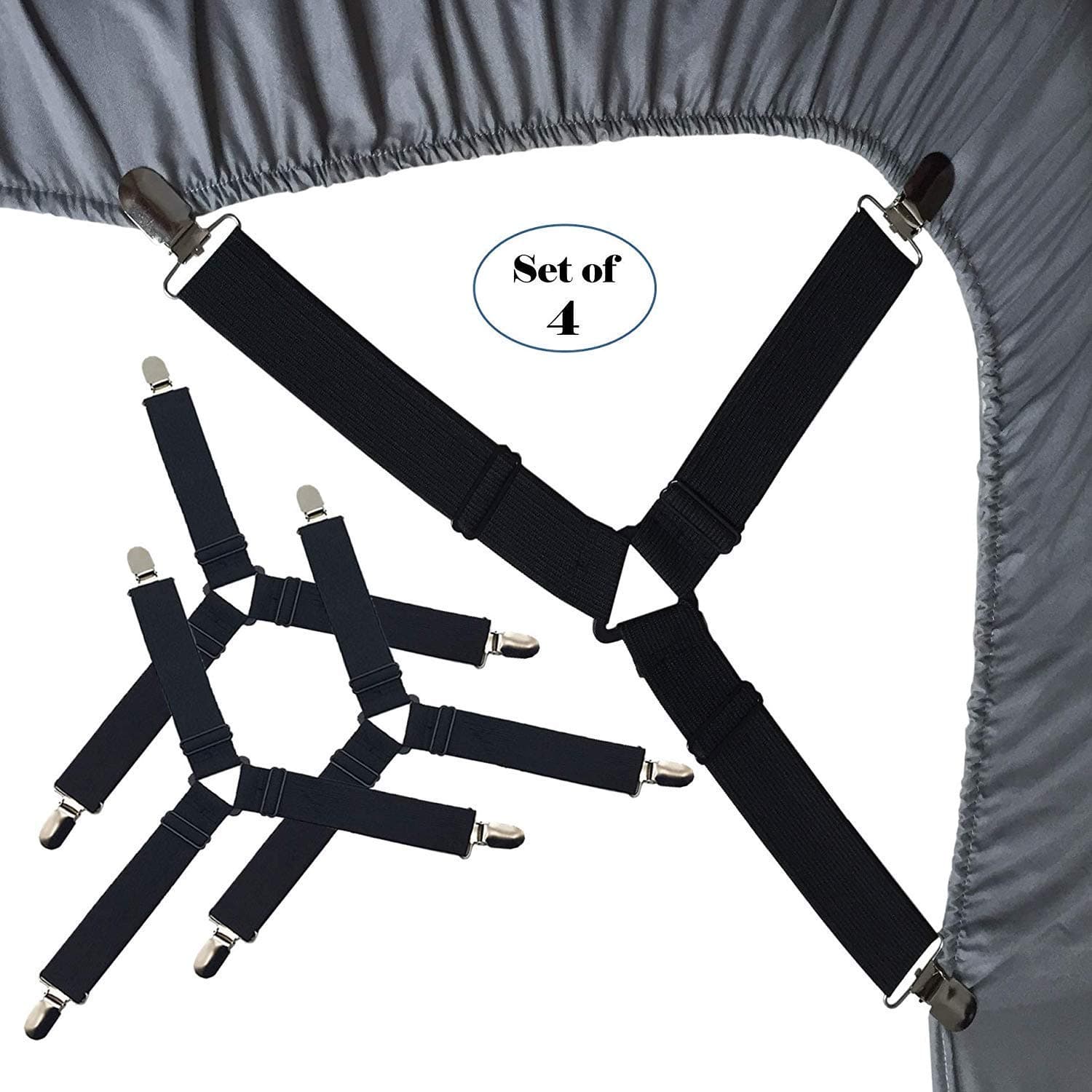 MINISTAR Bed Sheet Fasteners, 4 Pack Adjustable Triangle Heavy Duty Sheet Band Straps Suspenders Corner Gripper Holder Clip for Fitted and Flat Bed Sheets, Mattress Pad Covers, Sofa Cushion