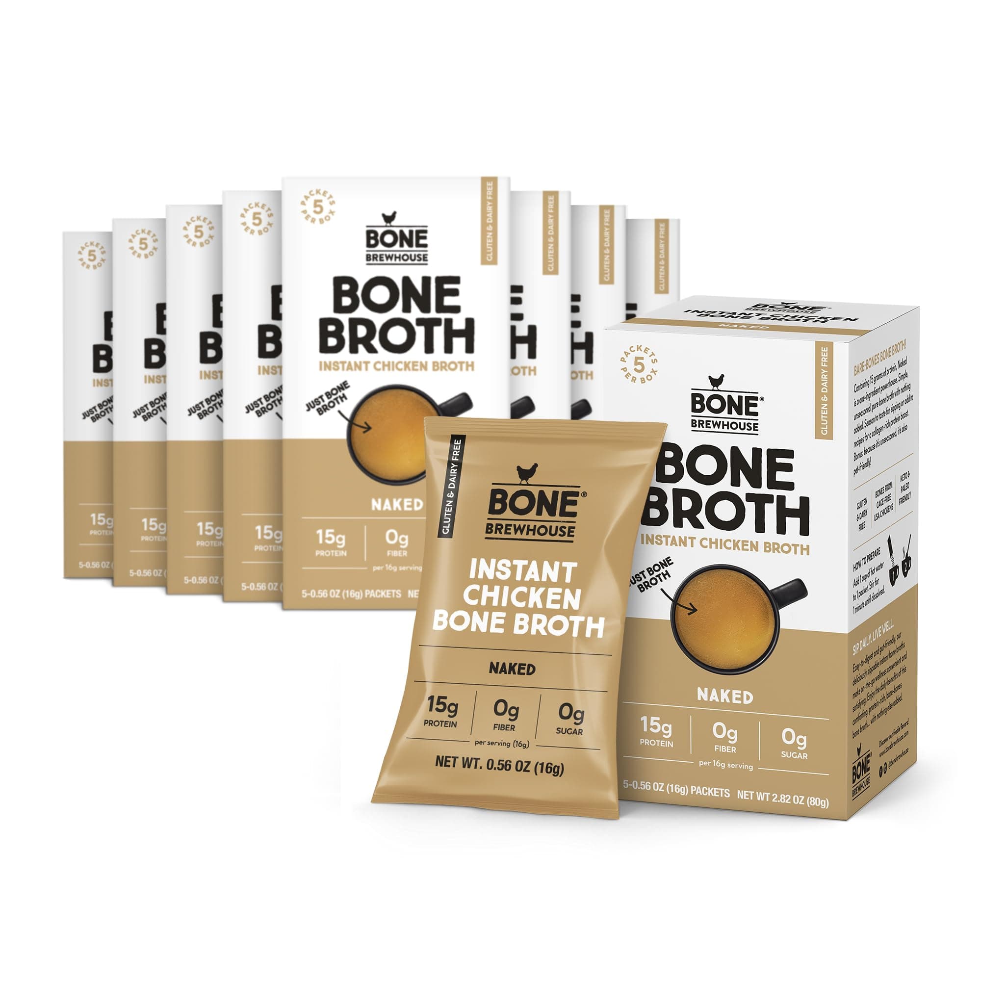 Bone Brewhouse - 9 Pack - Unflavored Chicken Bone Broth Protein Powder - Keto & Paleo Friendly - Instant Soup Broth - 15g Protein - Natural Collagen, Gluten-Free & Dairy Free - 45 Individual Packets