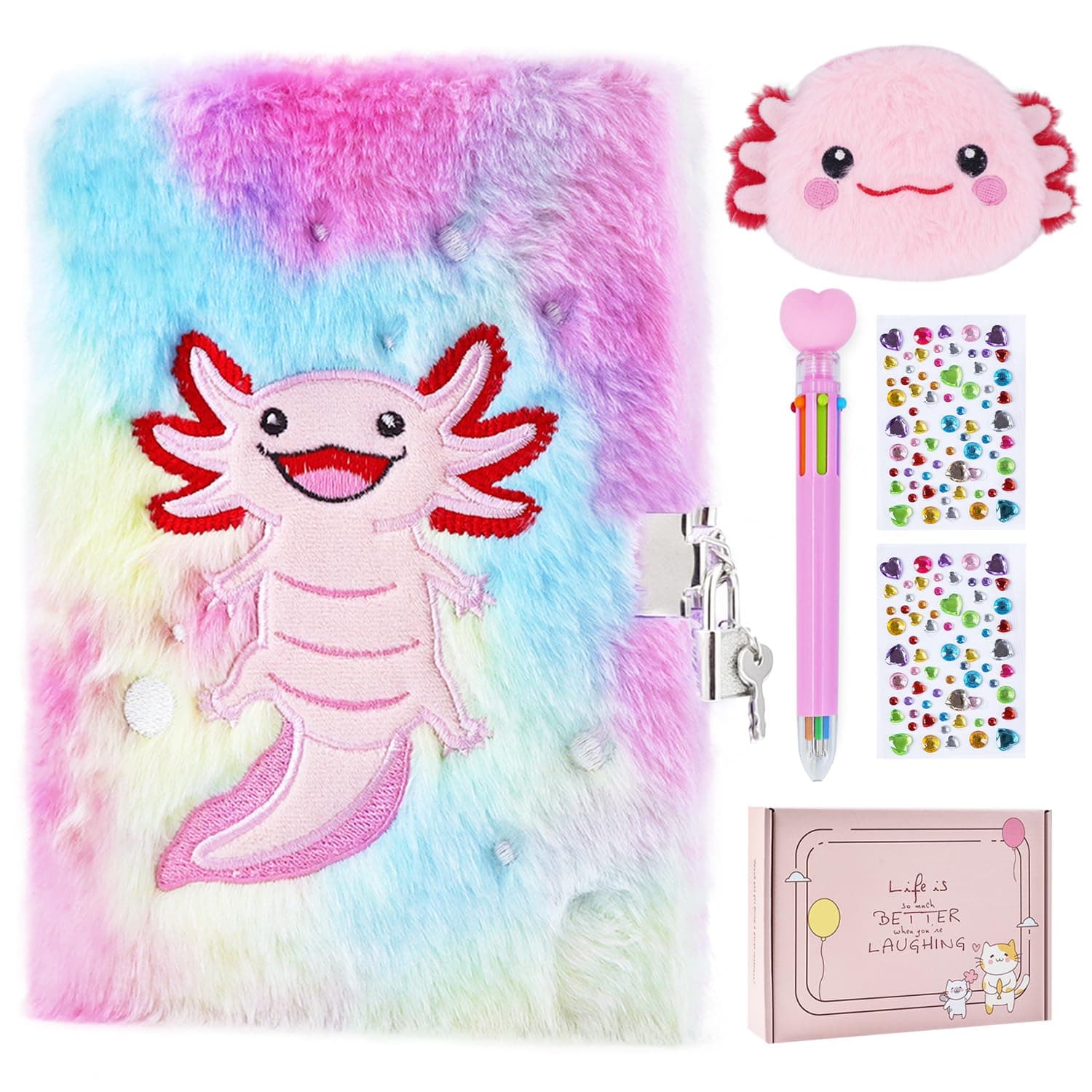 PJDRLLC Axolotl Diary with Lock, Gift for 8 9 10 Year Old Girl, Secret Diary Journal Notebook with Coin Purse, Multicolored Pen, Stickers, Practical Gift for Birthday Christmas