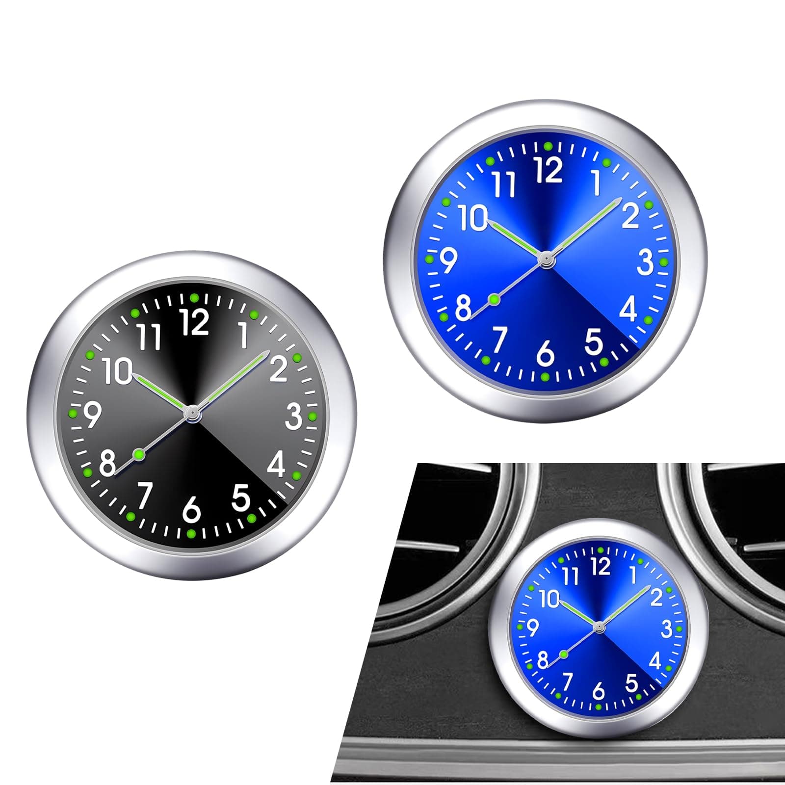 Irinidig 2 PCS Mini Car Clock for Dashboard, 1.57" x 0.31" Durable Metal Vehicle Luminous Clock with Adhesive, Decorative Automotive Clock Accessories for Boats Trucks SUVs Cars (Blue & Black)