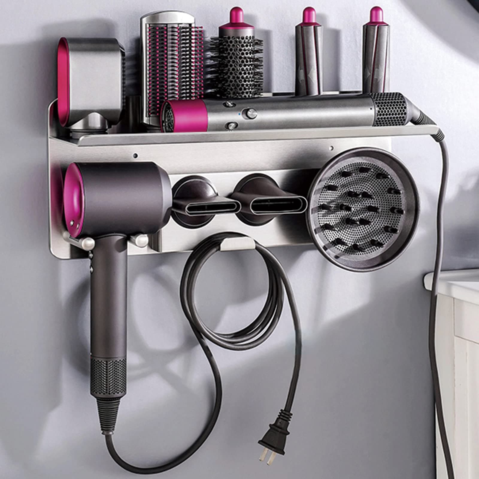 Holder Compatible with Dyson Airwrap 2 in 1 Wall Mount Styler Dyson Supersonic Hair Dryer Stainless Steel Storage Shelf Fits Curling Iron Wand Barrels Brushes Diffuser Nozzles Suitable for Bathroom
