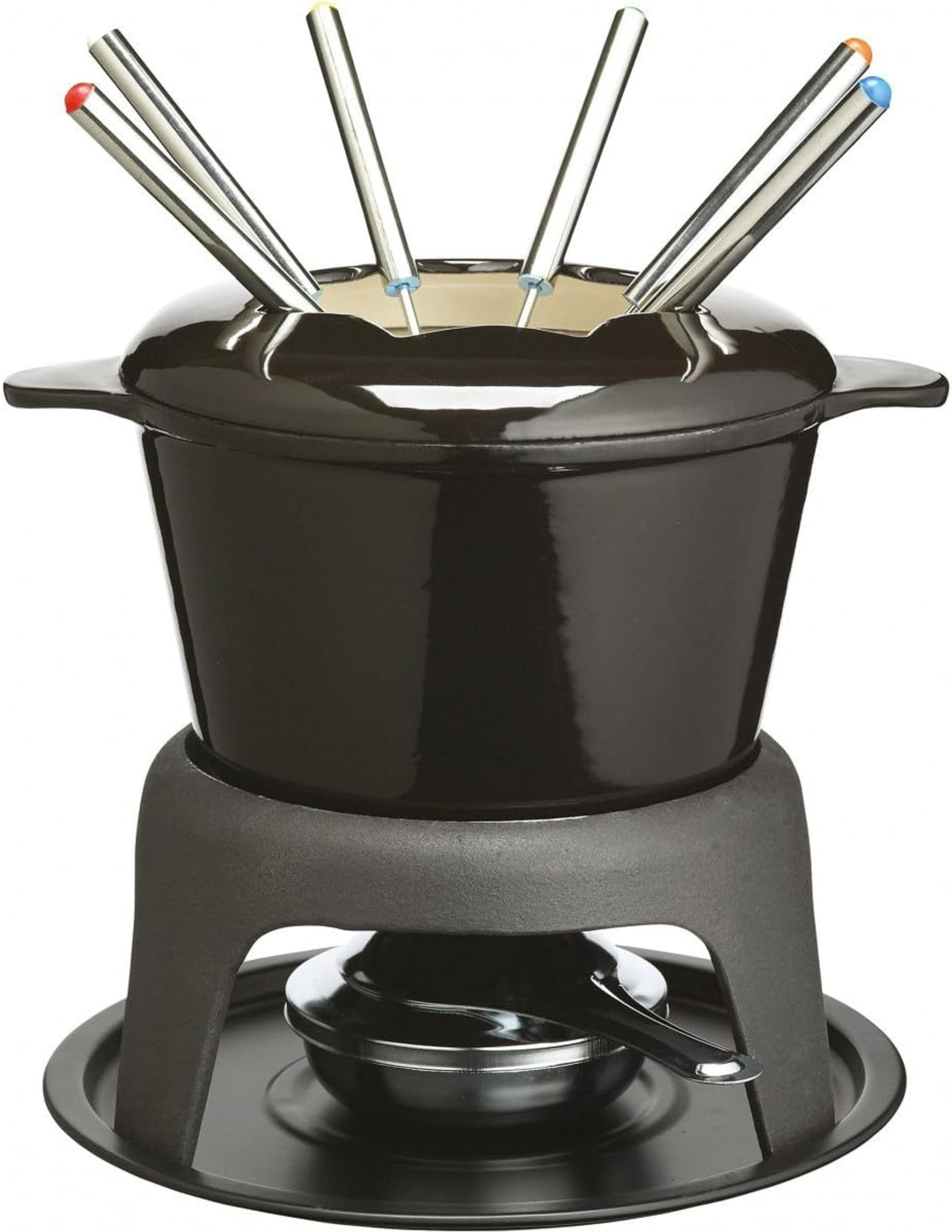 MasterClass Cast Iron Fondue Set, 21 x 18 cm – Black Fondue Pot for Cheese, Chocolate & Meat – Enamel Coated with Burner & 6 Forks