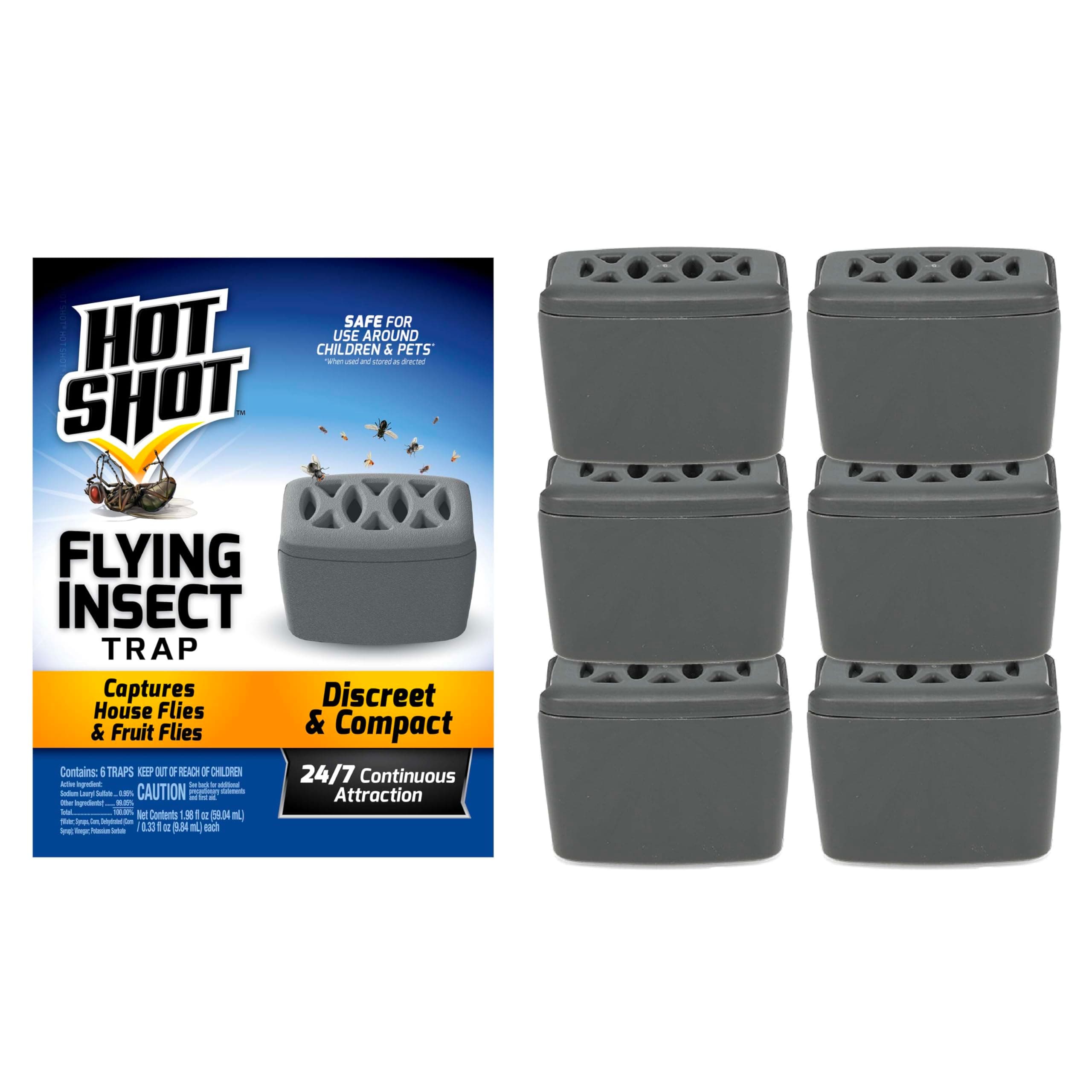 Hot Shot Flying Insect Trap, Low Profile Trap, Capture and Kill Houseflies and Drosophila, 24/7 Attract, No Plug-In or Electricity Required, 6 Pack