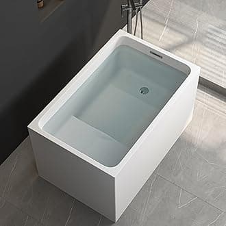 43" Acrylic Freestanding Bathtub with Seat, Japanese Soaking Tub Spacious Rectangular Shape, Modern Soaking Bathtub, Gloss White Finish, Chrome Slotted Overflow & Pop-Up Drain