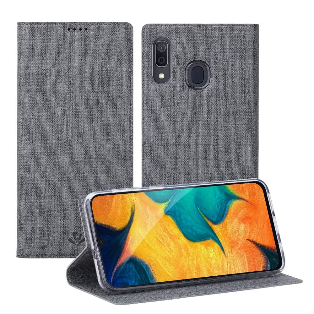 Foluu Galaxy A20 Case, Galaxy A30 Case, Flip Folio Wallet Cover Slim Premium PU Leather Case ID Card Slots Kickstand and Magnetic Closure Clear TPU Bumper Cover for Samsung Galaxy A30/A20 (Gray)