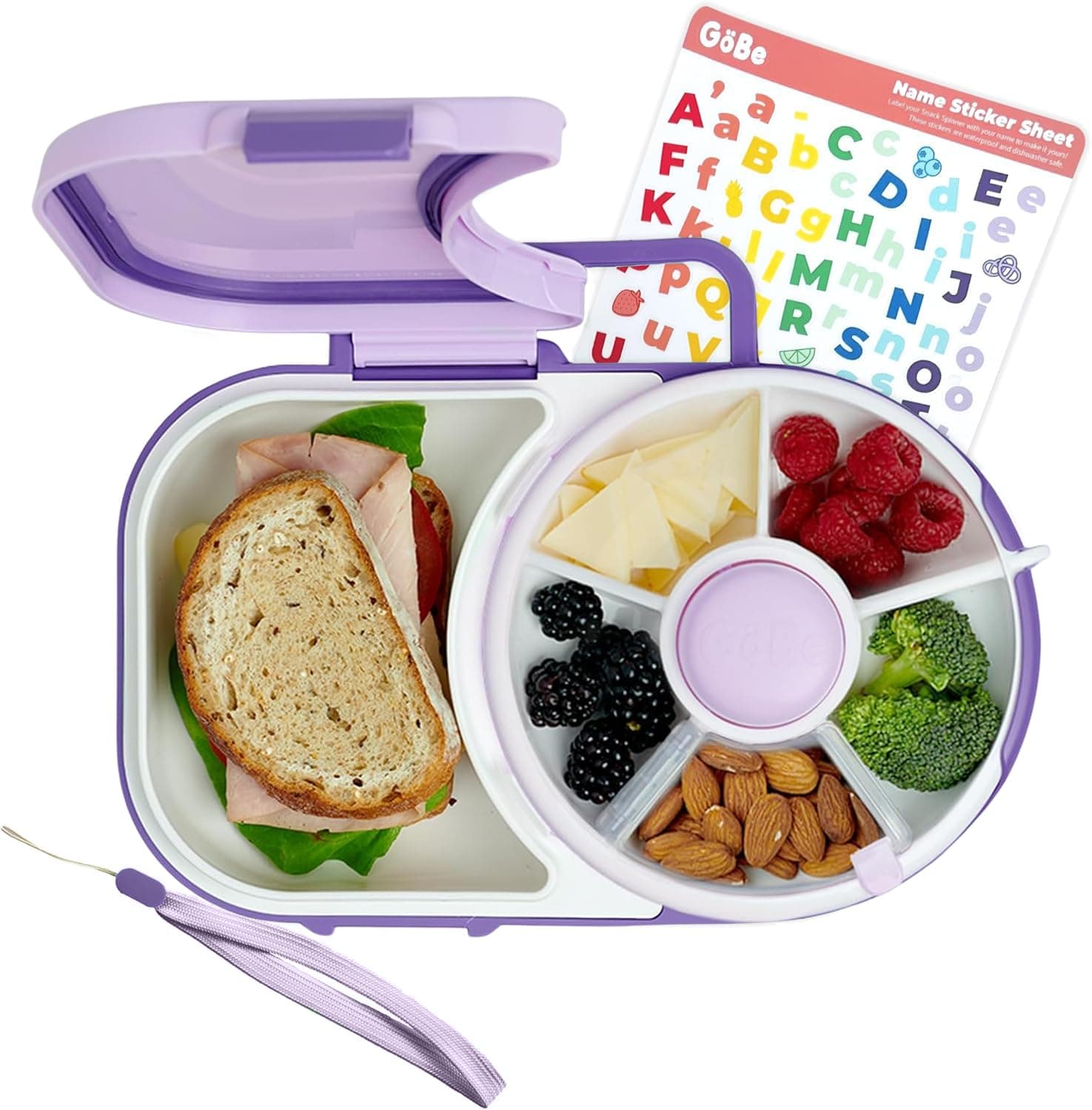 GoBe Kids Lunchbox with Small Snack Spinner Flip - Bundle with Hand Strap & Sticker Sheet, 2-in-1 Bento Style Lunch Container, 5 Small +1 Large Sandwich Compartment, BPA & PVC Free - Taro Purple