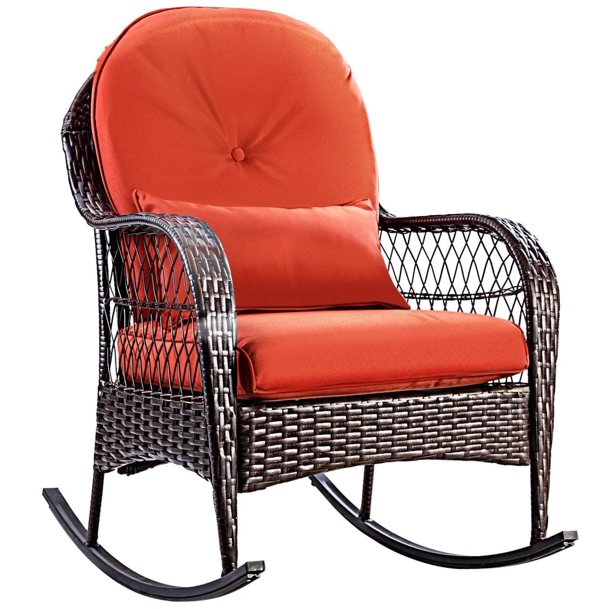 COSTWAY Wicker Rattan Rocking Armchair, Relax Outdoor Lounge Chair with Lumbar Pillow & Cushion, Patio Rocking Seat for Porch Lawn Deck (Red, 84x59x95cm)